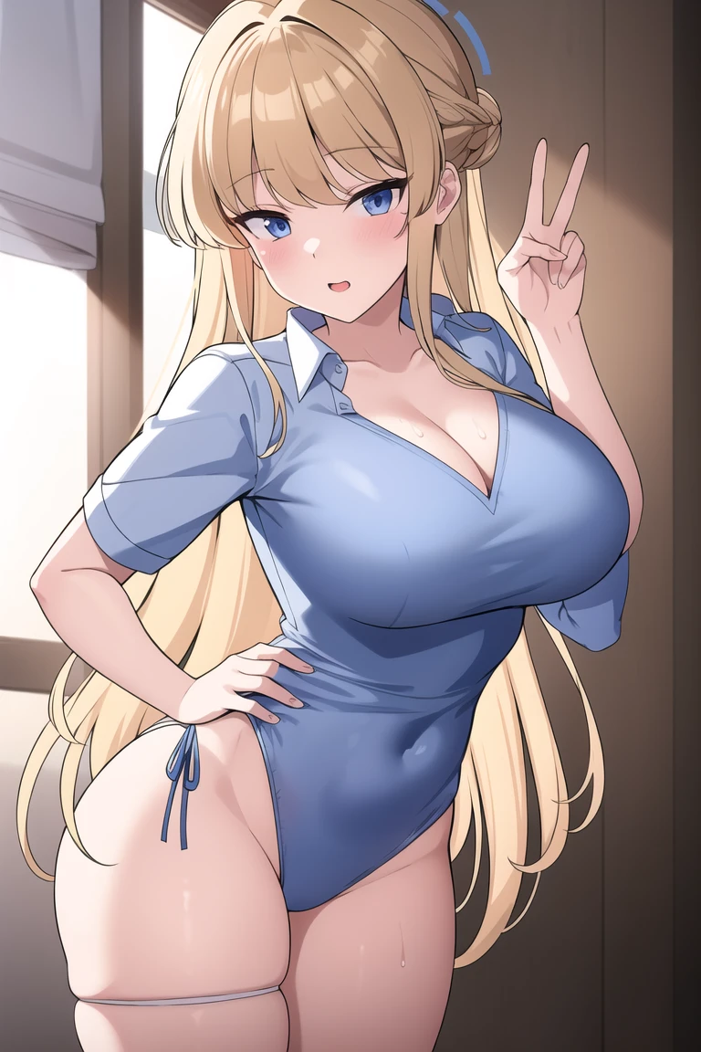 (Obra maestra), la mejor calidad, bien detallada, 4k,realistic NSFW image of a Hentai girl with blonde hair with pigtails, she wears a white shirt and very short shorts, she has big blue thighs and detailed hands, realistic and detailed hands with you, her mouth is open and full of semen, she is in a room