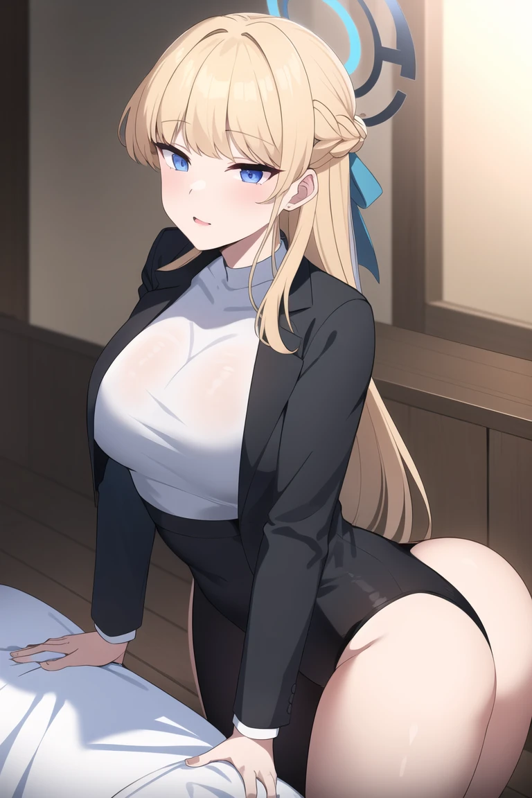disdain ,Zettai ryouiki,cleavage ,all fours,crawling,upskirt,white lace panties,top down bottom up,Masseter muscle area, highest quality, High resolution, One Girl, alone, hayasaka ai,Blue Scrunchie, Side Ponytail, Hair between the eyes, blue eyes, Blonde Hair, hair ornaments, chest, , Collared shirt, Hair Scrunchie, Waist clothes, bangs, Black socks, Black vest, Long Hair, Long sleeve, cardigan, Side Lock, Knee-length, Dress shirt, necklace, clavicle, Black Dress, jewelry, sweater,