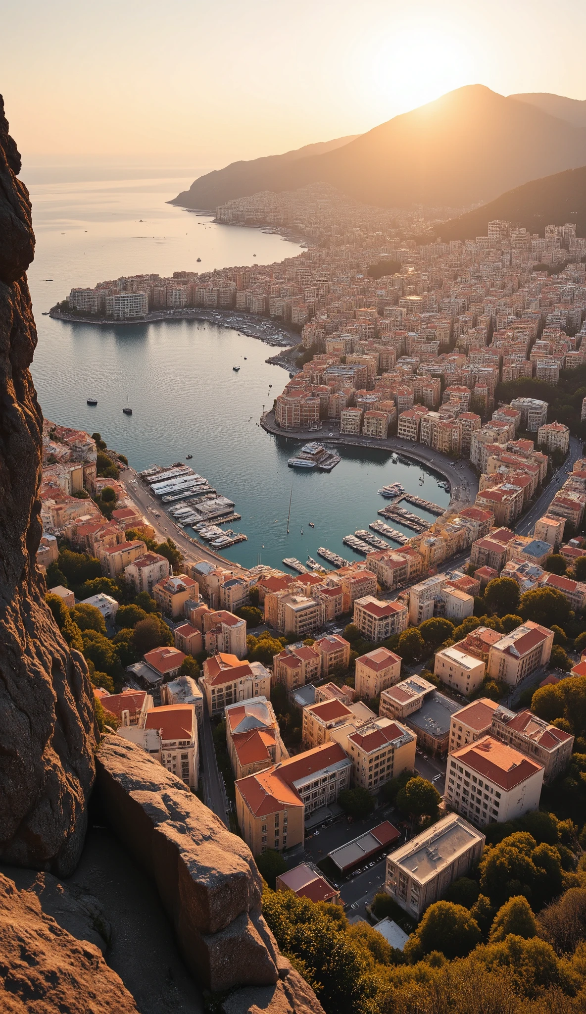 The high-definition image、you can see the cityscape of Monaco visible below from a high mountain in high definition、Yachts and ships at sea、Detailed images of Monaco basking in the sunset、allows you to see the overall view of Monaco's buildings and roads in various colors、I can see the sea in the distance。