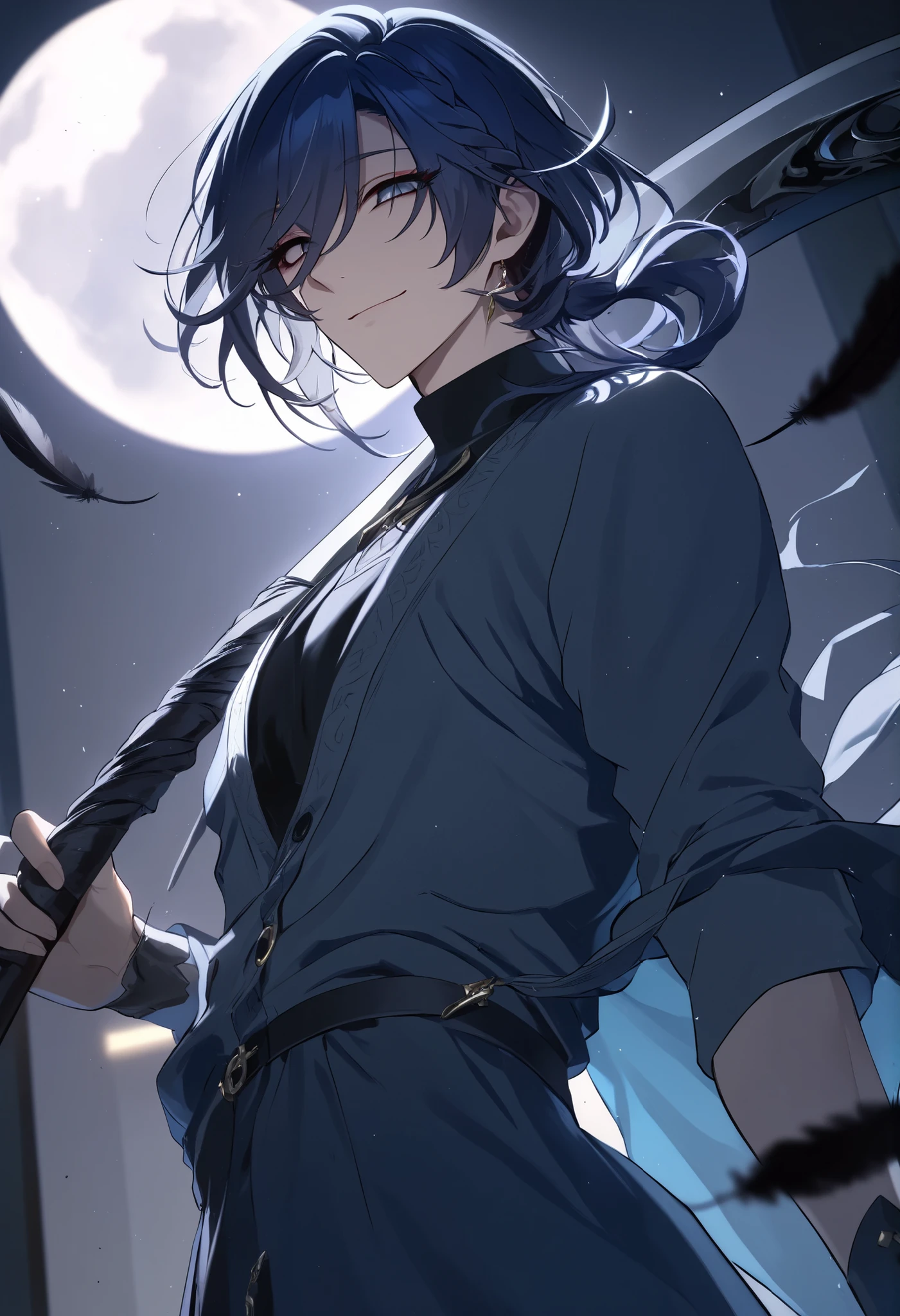 masterpiece, best quality, detailed face, detailed eyes, 1 boy, solo, beautiful, moderate chest, mature, light makeup, handsome, cool 

Short hair, dark blue hair, long side bangs, low medium ponytail, low medium braid, tidy bang, grey long coat outer, dark blue cardigan, black turtleneck inner,
Open eyes, closed mouth, dark blue eyes, empty eyes, gentle smile, devious expression, looking at viewer, holding black death scythe, 
Indoor background, Hospital room, night time, full moon on window, black feathers, perfect lighting, particles, best composition, dynamic, from the side, from below,