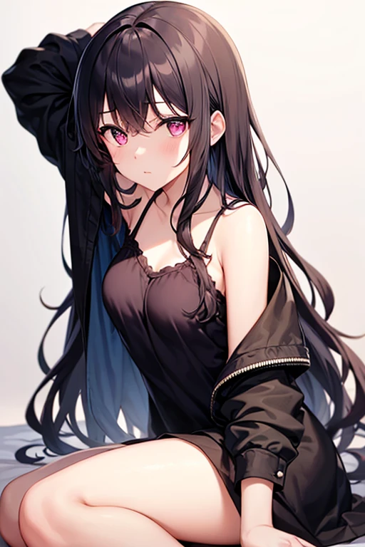 (A superb exquisite Chitanda Eru), (mature face), intricate details, (finely detailed beautiful eyes: 1.2), purple eyes, long black hair, natural straight hair, straight bangs, solo, [Small_breasts: large_breasts: 0.5], extremely delicate, peerless beautiful girl, dreamy quality, solid color, bright lips, slender waist, straight curves, soft lights and shadows, super fine, 8K HD, (masterpiece:1.4), (((sexy smile, punk clothes, idol, rock, white background)))