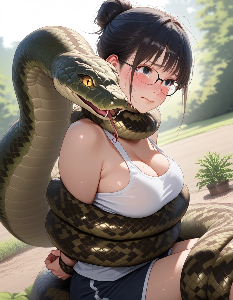 (table top, highest quality, High resolution, , perfect pixel, 4k,), 1 girl, single, alone, Beautiful woman、I could see the whole body、 ((wavy middle hair, bangs, brown hair)), ((brown eyes, beautiful eyelashes, realistic eyes)), ((detailed face, blush:1.2)), ((smooth texture:0.75, realistic texture:0.65, realistic:1.1, Anime CG style)), angry face, blush, medium breasts, breasts out, masterpiece, best quality, highres, beautiful detailed eyes, cleavage, snake, (coiled), (python), snake scales detailed, restrained, masterpiece}}}, {{highly extreme detailed}}, solo, Focus on the girl, {orgasm}, {sweaty}, {{python sex}}, (((object insertion))), jangle, spread arms, interspecies, bestiality, (Giant python bestiality, Giant python sex, ((Giant python Rape)), Giant python Rape, ((milk flowed from her nipples)), Giant python Coils, Passionate Squeeze) (((Giant python coils, Passionate squeeze, ))), coils,((The girl is wrapped around a giant python)), ((giant python rape)), giant python sex,