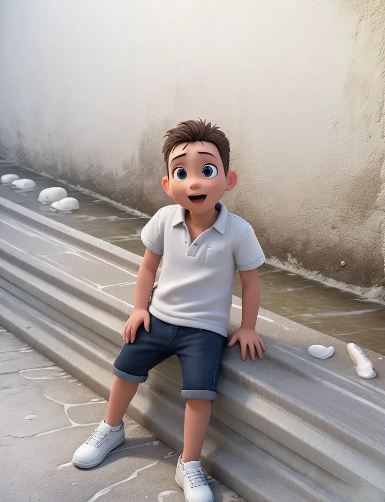 Create an Enchanting Illustration. Nesta imagem, retratar um sereno, cidade pitoresca banhada no calor, brilho dourado do sol poente. Em primeiro plano, destaque apresentar um jovem menino, Lucas, que tem apenas quatro anos de idade. Ele possui cabelos pretos que brilham na luz desbotada e profunda, Curiosos olhos castanhos cheios de maravilha e alegria.
Lucas is dressed in a vibrant way, white clothes that dance with the tones of twilight and red shoes. Ele fica no meio da cidade, his expression a mix of determination and joy.
Convey the emotion and joy of the moment . The atmosphere should be tinged with a sense of joy and adventure.
