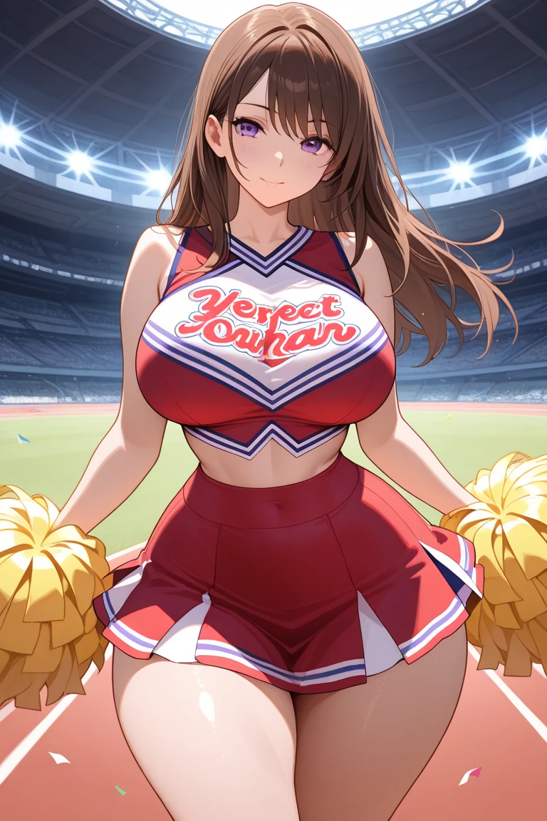 ((masterpiece, best quality, highres, UHD, perfect pixel, depth of field, 4k, RTX, HDR))), smooth texture:0.75, realistic texture:0.65, photorealistic:1.1, BREAK, realistic eyes, round eyes, with Lined eyelashes, sparkle in the eyes, Full limbs, full fingers, a beautiful woman, Beautiful Big Breasts, BREAK, with orange and black pompoms in hands, (visible black panties 0.5), orange hair, long pigtails, Cheerleader costume, Orange and black tops with team logo, Exposing belly, visible navel, orange miniskirt with black, black leggings on thighs, A big smile, BREAK, in a football stadium, sexy pose, Dance