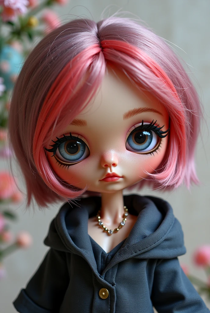 Blythe doll doll with short hair and black bangs, black eyes, white skin with pink tones and few freckles on the 