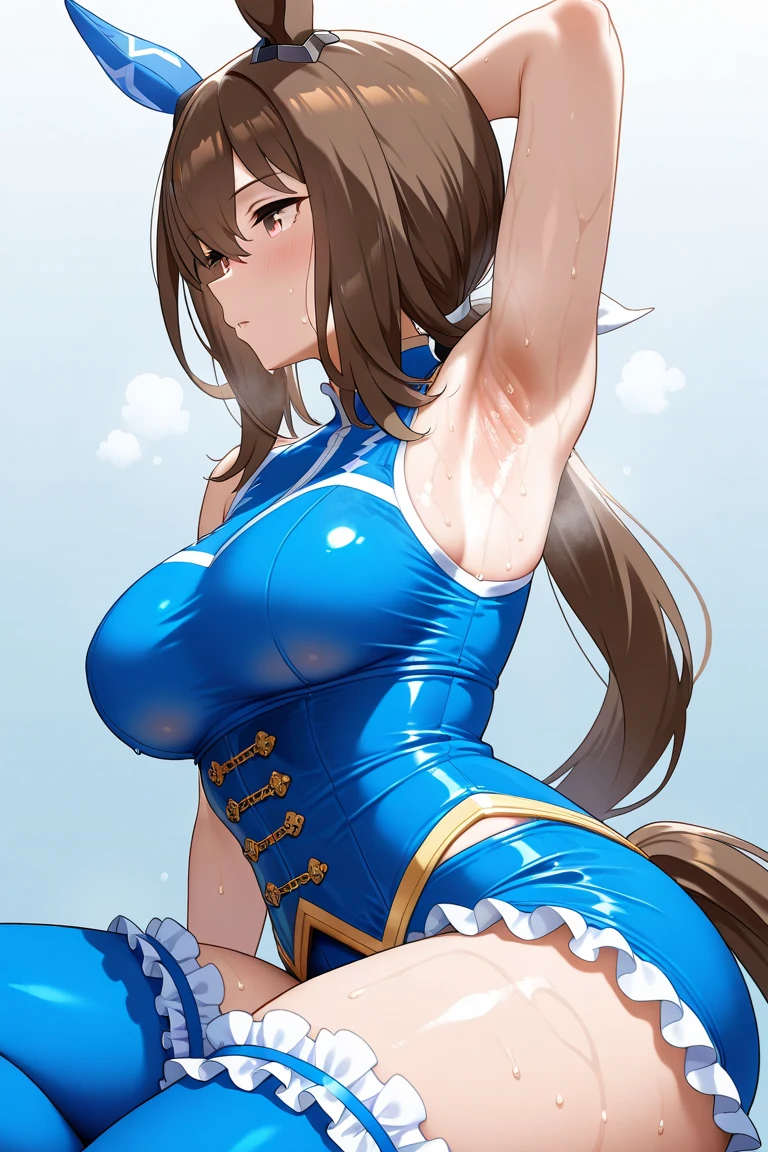 masterpiece, best quality, beautiful art, high resolution, well formed hands, body and fingers, 1 woman, solo, Ganyu, goat horns, adult, grown up, big breasted, cleavage, full body, braided long hair, blue_kunoichi_dress, wearing DOA Kasumi's blue kunoichi dress, sleeveless, white stockings, gorgeous legs and thighs, dancing seductively and erotically, turning backwards and forwards, showing her back and front, showing her butt, t-back,, white thong, smiling joyfully, looking at the viewer, flirting, beach environment 