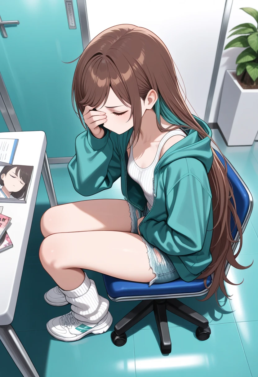 (masterpiece, best quality:1.2), young woman, unamused, facepalm, covered face, very long brown hair, swept bangs, closed eyes, open teal hoodie, ribbed white tank top, jean shorts, sneakers, baggy socks, from side, from above, sitting on chair, crowded large hospital hallway, teal walls, white floor, fake plants, small table with magazines, small breasts, thin, indoors