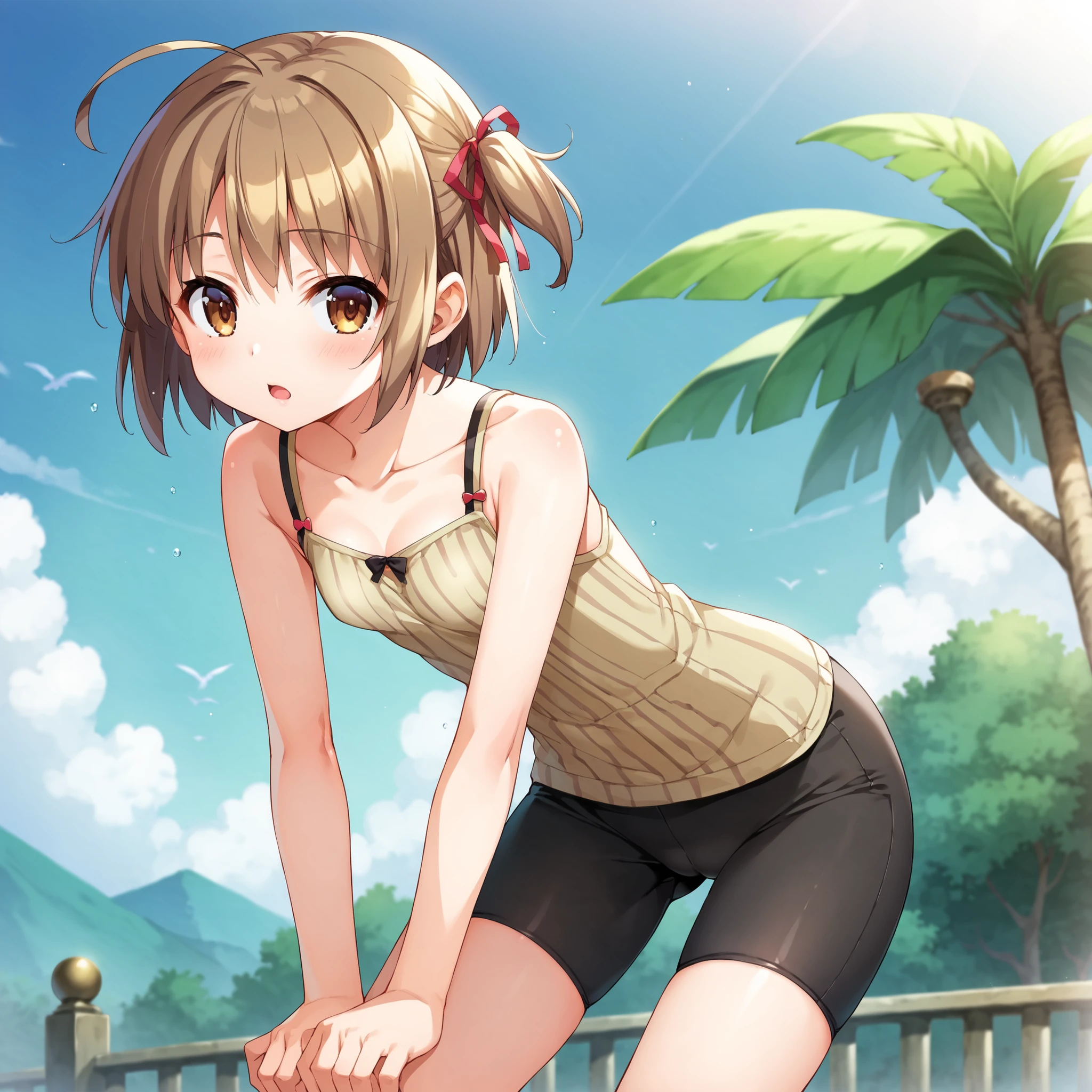 Anime image of a woman in a bikini squatting on a mat, Realistic Anime 3D Style, Smooth anime CG art, Anime girl crouching, Realistic Bikini, Characters are in natural poses, Beautiful anime girl crouching, Created by Anime Painter Studio, Photorealistic anime girl rendering, Cel-shaded anime, Cute 3D anime girl render
