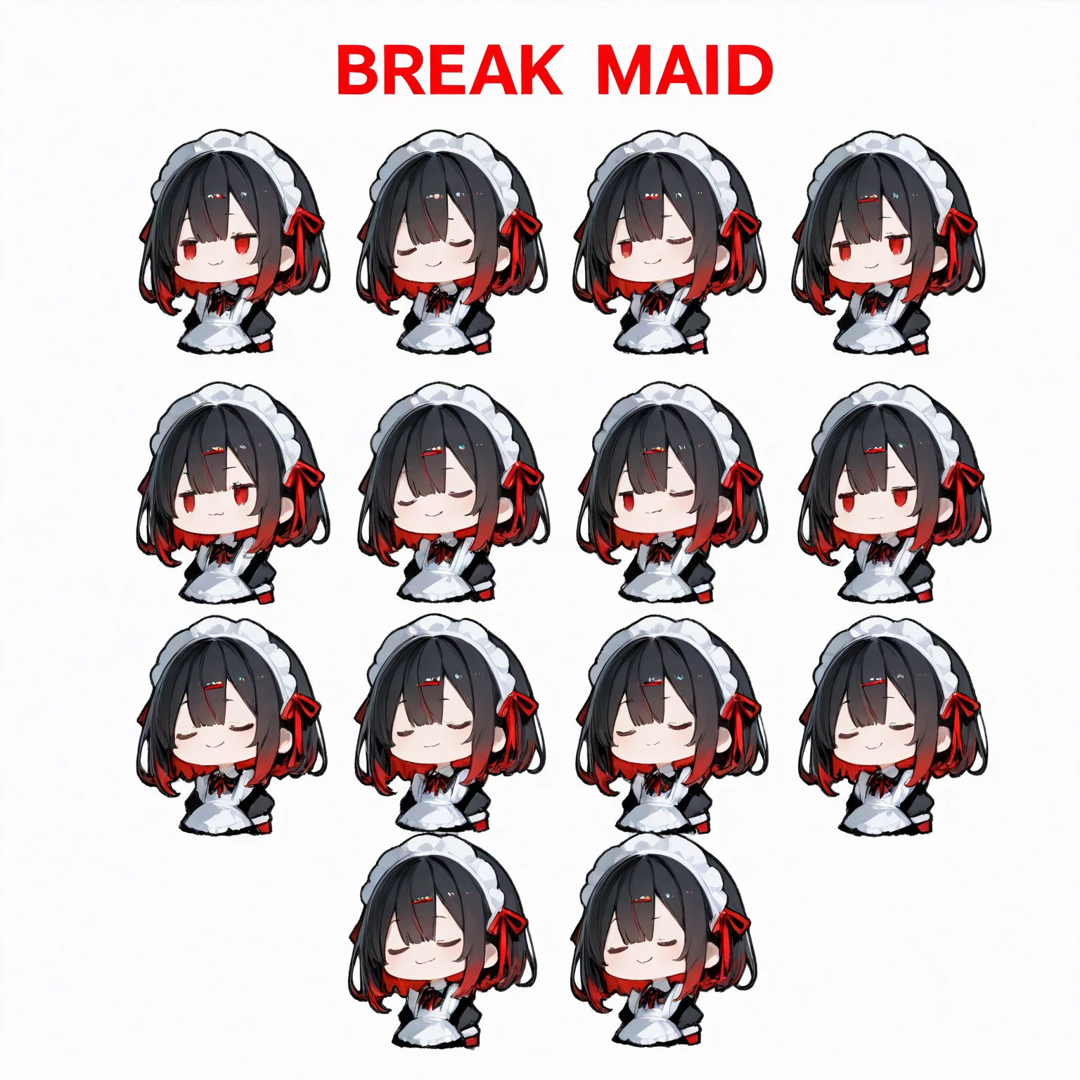 chibi girl, large round face, short black hair with red tips, shiny hair, jagged ends, red ribbon hair accessories with white frills, pale skin, mischievous smile, smug expression, simplified facial features, thin horizontal oval eyes, wearing frilly black and white maid outfit, BREAK, plain white background, BREAK, side view, profile view, from side, BREAK, ray tracing, UHD, retina, masterpiece, accurate, anatomically correct, very aesthetic, high resolution, ultra-detailed, absurdres, detailed textures, digital painting, ultra-detailed, newest, textured skin, super detail, high details, high quality, best quality, highres, 1080P, HD, 16k
