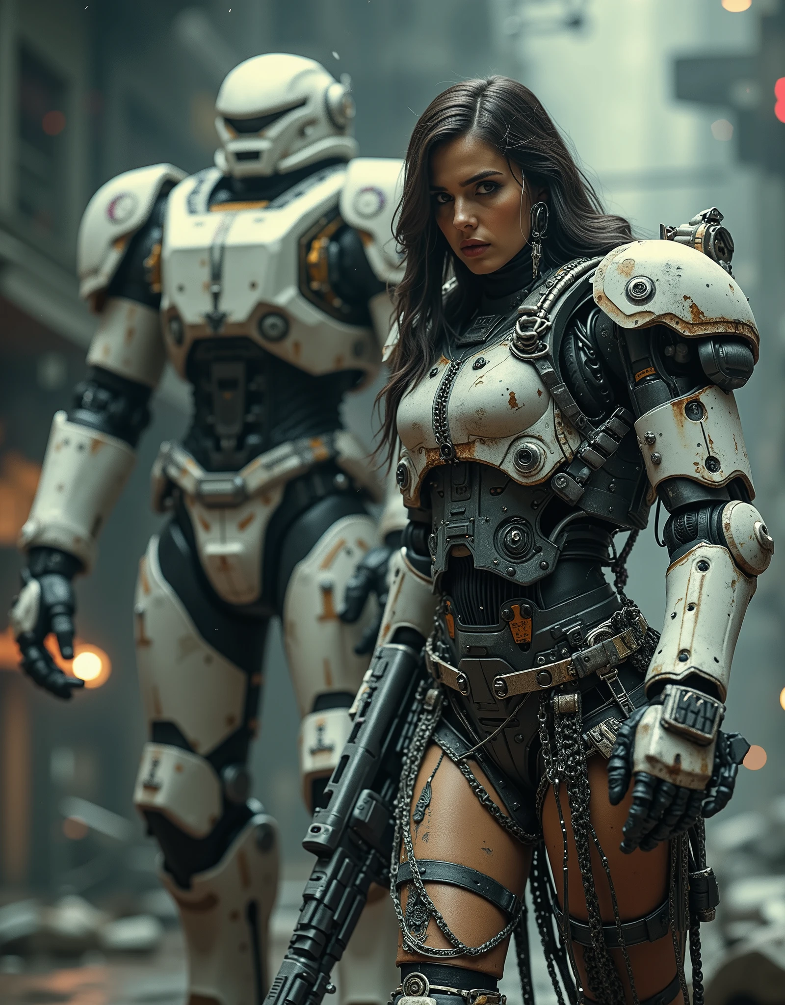 cinematographic photograph using rule of thirds and composition in planes Photo 3/ 4 takes over the entire body , of a beautiful and very sexy young Mexican woman of incomparable Latin beauty , top model, tattooed, Storm Trooper from Starwars in the battle of outer space in space, wearing an elegant and gothic robotic stormtrooper uniform , fit ((chains)) dress made of chains, emerald eyes, penetrating look , Punk chain , punk belt , full body shot, torn screen , cuero y encaje rasgados y rotos con chains Picos y Muchas joyas de plata de huesos de plata , straight dark hair collected, some dreadlocks with purple tips , holding a blaster or a lightsabre. Next to her in the background and fully appreciating a huge (huge) and tall mecha robot with long legs and square shapes inspired by the Atlantes of Tula and wearing the helmet of the Aztec god Tezcatlipoca and with white armor and black details with a lot of rust battle damage and destroyed parts, You can see the exposed mechanism composed of pistons , hoses, chains y motores con algunas luces. Background of outer space the characters floating in space, gloomy atmosphere, ethereal smoke emanating from her suit with lights.