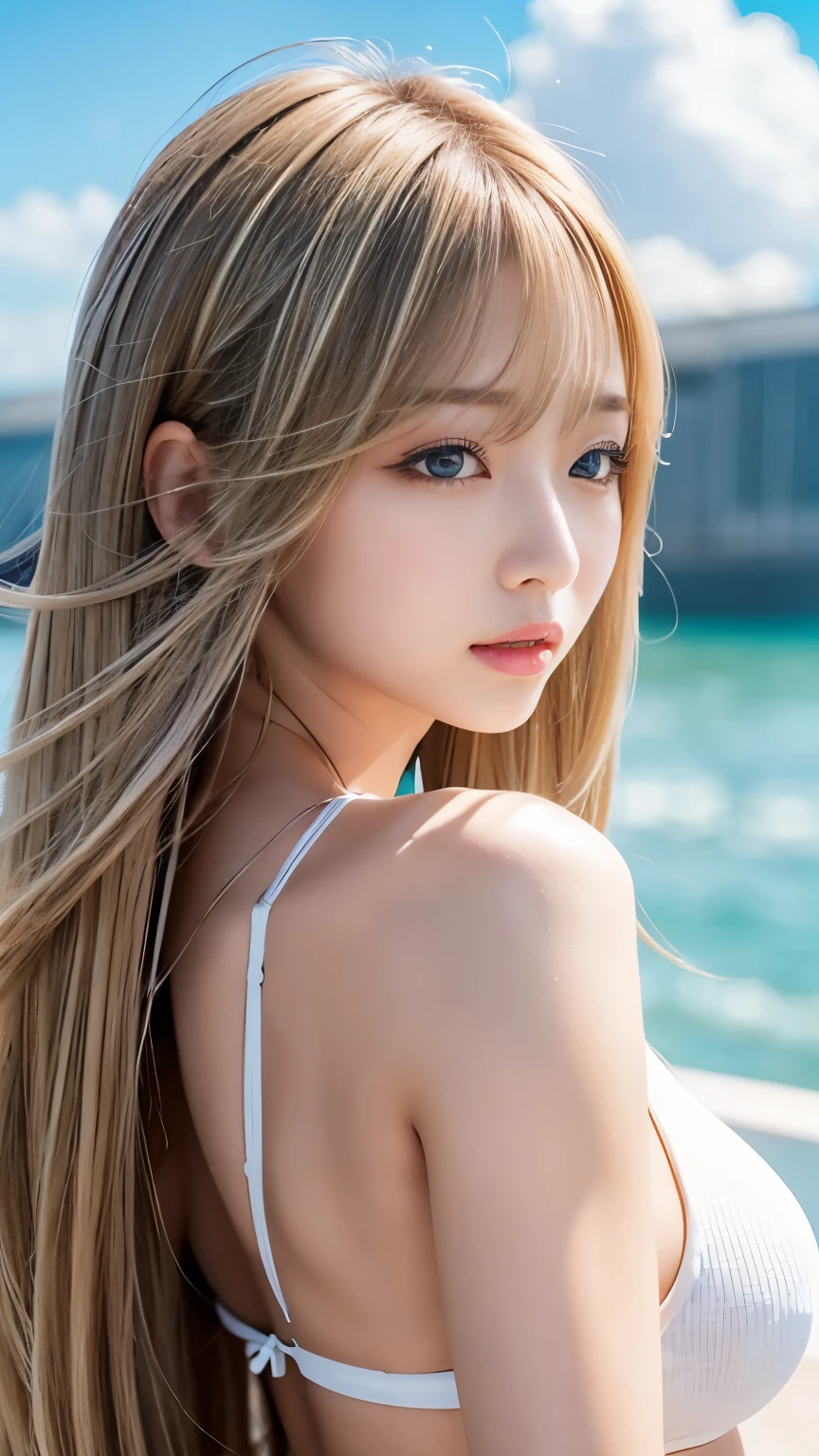 full hd 8k, Girl standing in front of a dark night scene, full moonlight reflecting on her beautiful face. Her long, silky hair was gently blown by the night wind, creating a gentle and romantic feeling. She is walking on a large beach. She looked up at the starry sky, as if searching for something, her eyes showing a pensive and lonely look. The full moon shines in the night sky creating a beautiful scene. The girl has long, strands of hair, Light blonde hair, a luxurious and noble beauty. The moonlight shines on the girl's delicate face, highlighting her large, round light brown eyes, creating a natural, gentle beauty. She wore a mini dress to create a sexy beauty. These images capture detailed panoramic portraits and views of the sky and sea. All create a beautiful, wonderful picture that makes people unable to take their eyes off the scene. All of these details are depicted clearly and sharply, creating sexyly poses,
