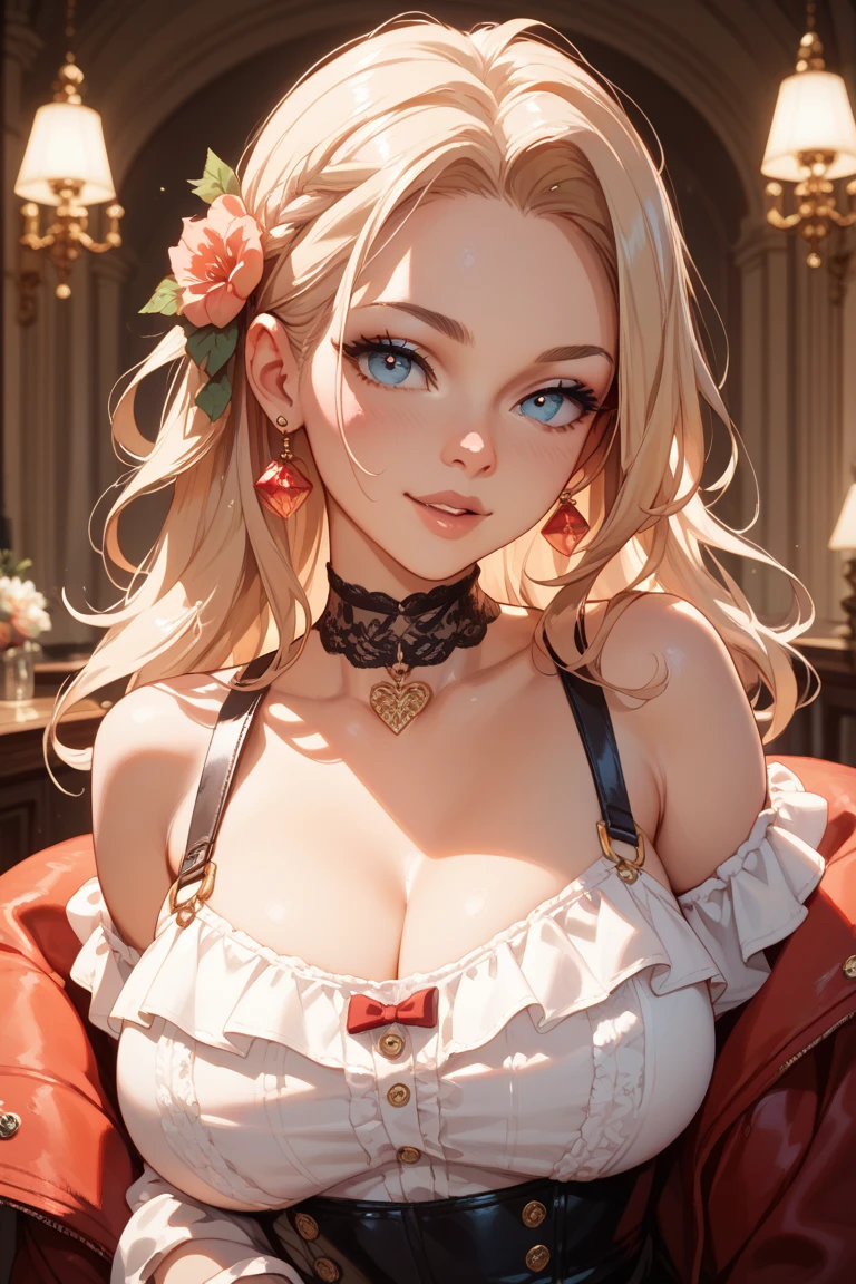 (One frontal photo), upper body, Beautiful face, Highly detailed face and skin texture, Grey eyes, kind smile, (blush), Glitter eyeliner:1.2, Shiny skin, Light skin: 1.2, (20 years old), (Long wavy hair, blonde hair, Parted bangs), large breasts, (red night dress), necklace, (cleavage:0.8), palace indoor