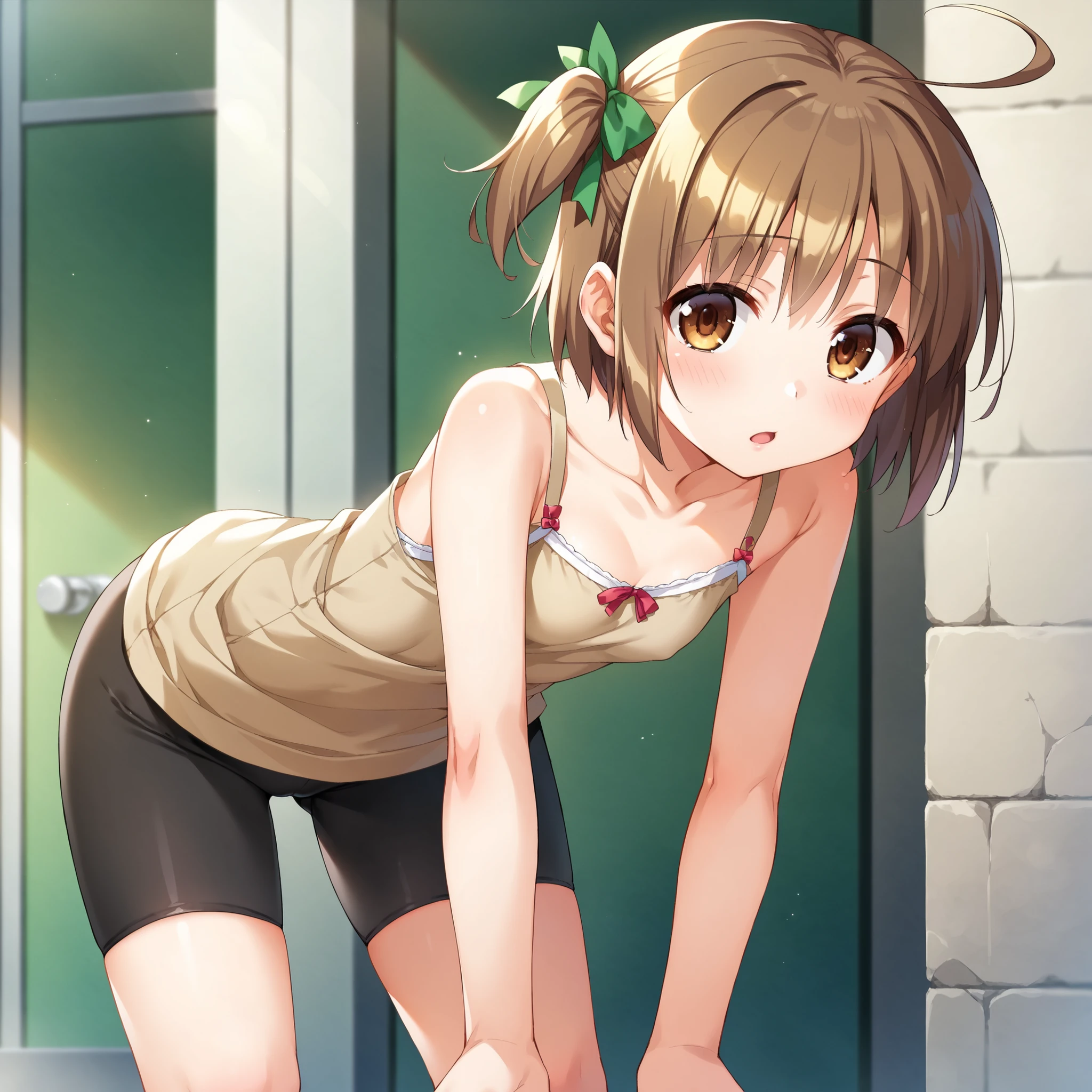 1girl, school swimsuit, kinomoto sakura, solo, green eyes, brown hair, short hair, antenna hair, shiny clothes, locker, old school swimsuit, shiny, looking at viewer, blue one-piece swimsuit, flat chest,blush,pussy,wet clothes