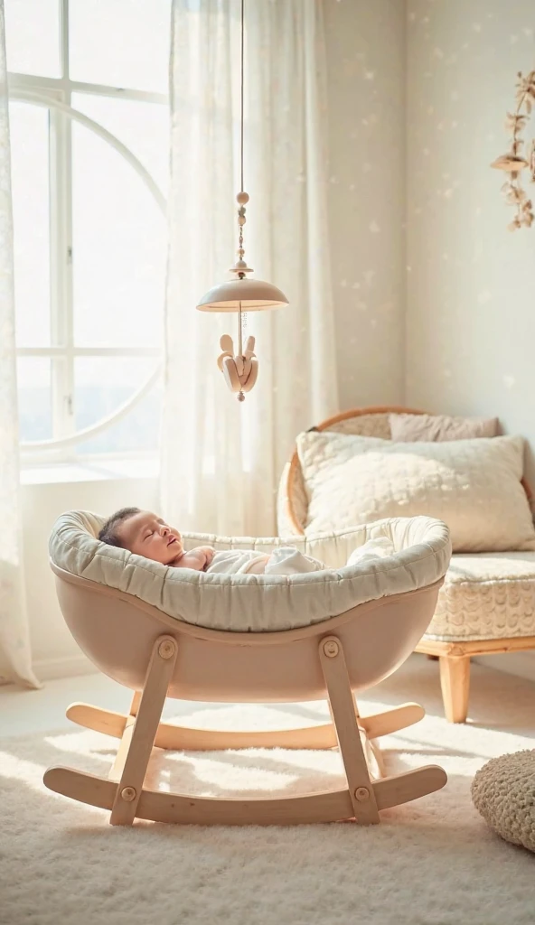 smiling and happy 1-month-old baby sleeping in sway swing in living room, portrait photography, hyper realistic, best quality, masterpiece, surrounded by balloons and clouds, feather flooring, dream-like background, ethereal lighting
