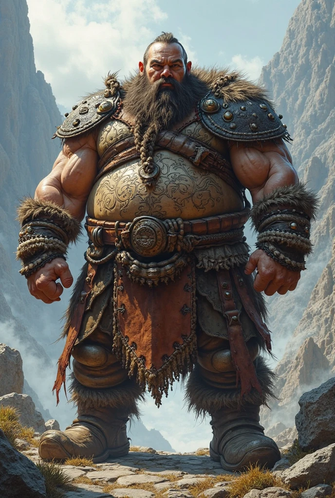 A chubby dwarf warrior woman with dark hair and braids