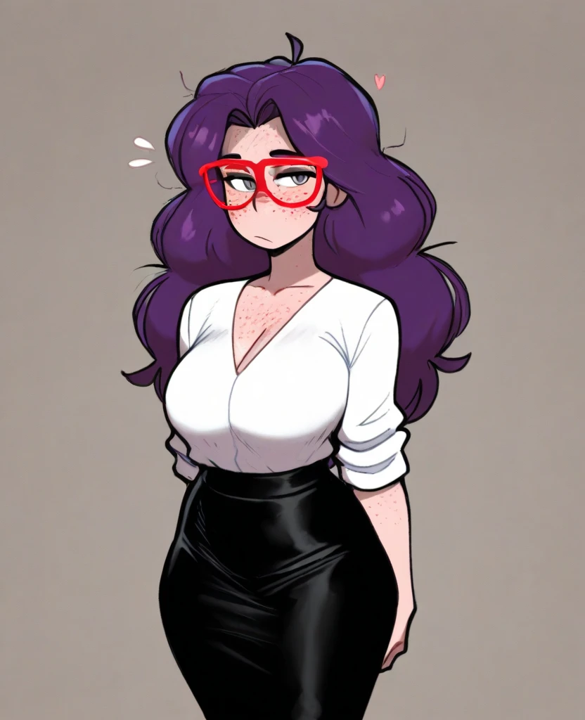 an overweight girl sexy big breast beautiful tenderness long soft wavy purple hair her light blue eye bright pink lip she wears a white shirt under a purple blouse and a short black skirt sexy curve long net socks black big thigh sexy long black heels in love love