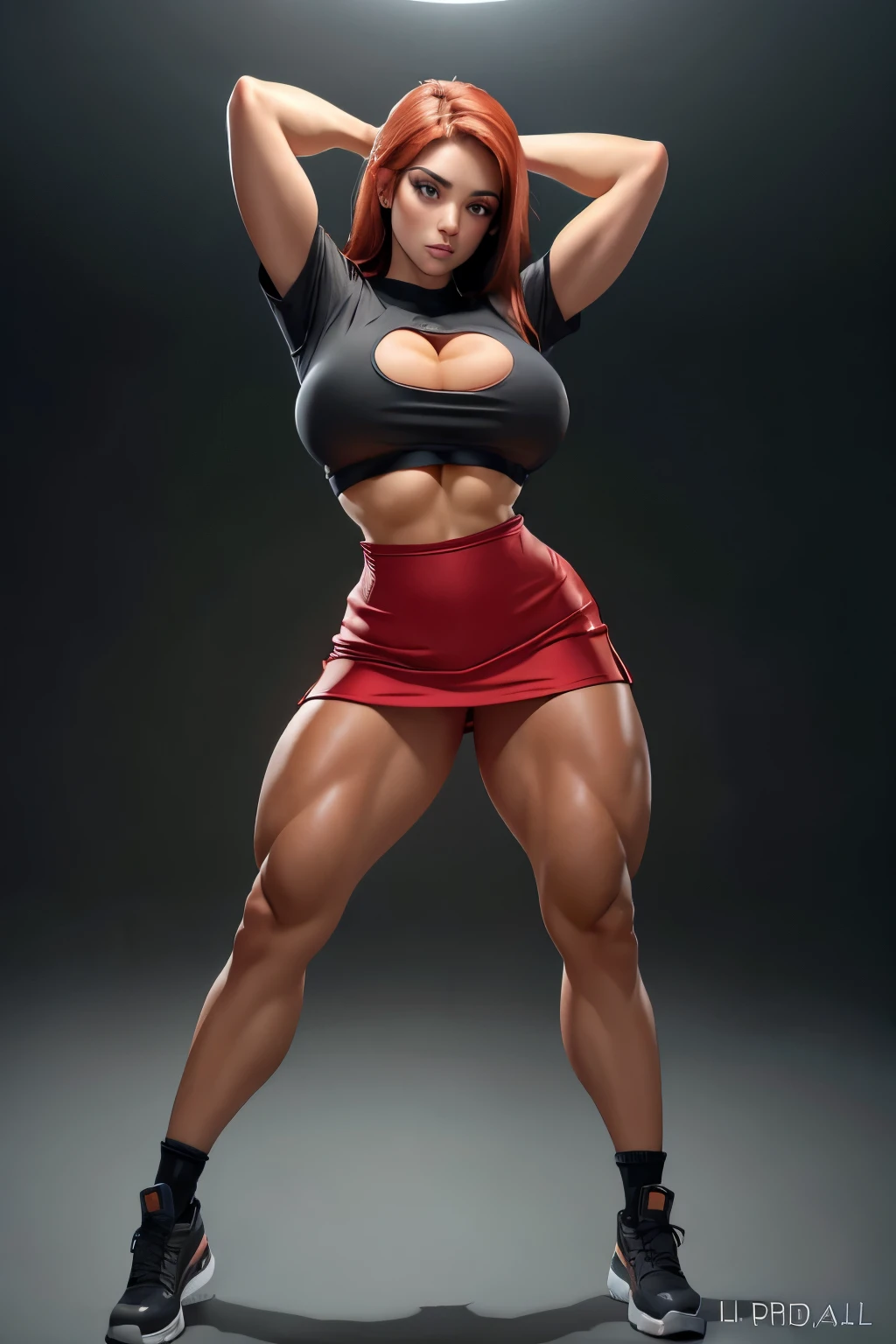 (((massive bodybuilder girl))), wide hips, sexy, beautiful, redhead, gorgeous, (((voluptuous))), (thigh high socks), beautiful face, curvy, (((arms up))), (((hands on her head))), (disheveled) hairs, (lot of hair), (demon horns), demon girl, [bodysuit | black red dress:0.9], net, fishnet, straps, jewelry, ornements, perfect skin, cyberpunk, stunning,  elegant, particules, best piece, masterpiece, smooth light, detailed, intricate, 50mm, realistic, digital art, photography, digital art, 4k, art, wlop, artgerm, sophie anderson,