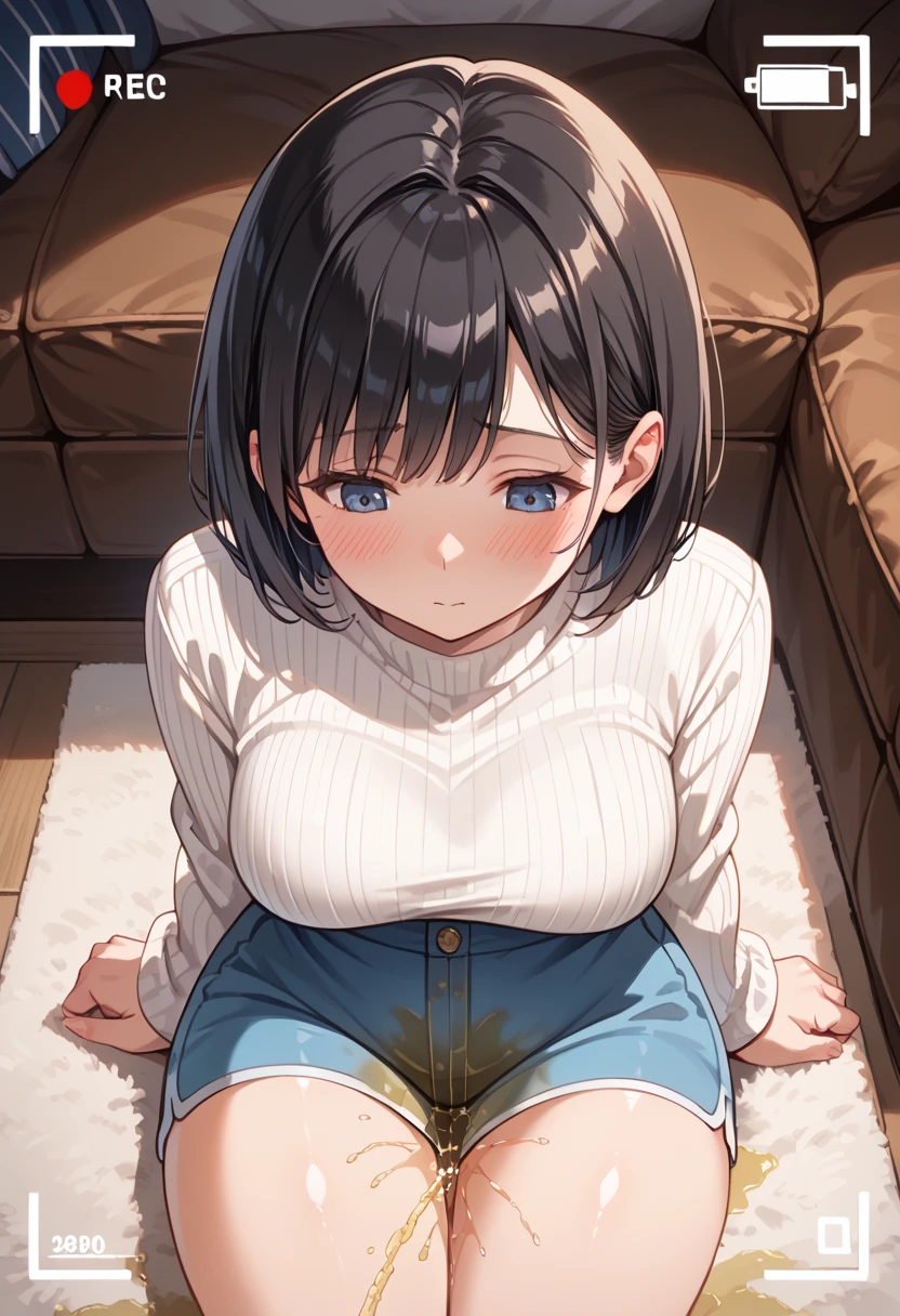 masterpiece, 1girl, solo, large breast, kneeling, from above,
looking at viewer, pov, front view, night, (uzaki tsuki:1.2), narrow eyes, eyes closed, troubled face, closed mouth,
shirt, raglan sleeves, White T-shirt Covered in Jizz, Semen Stained In Mouth, long sleeves, denim shorts, pantyhose, fang