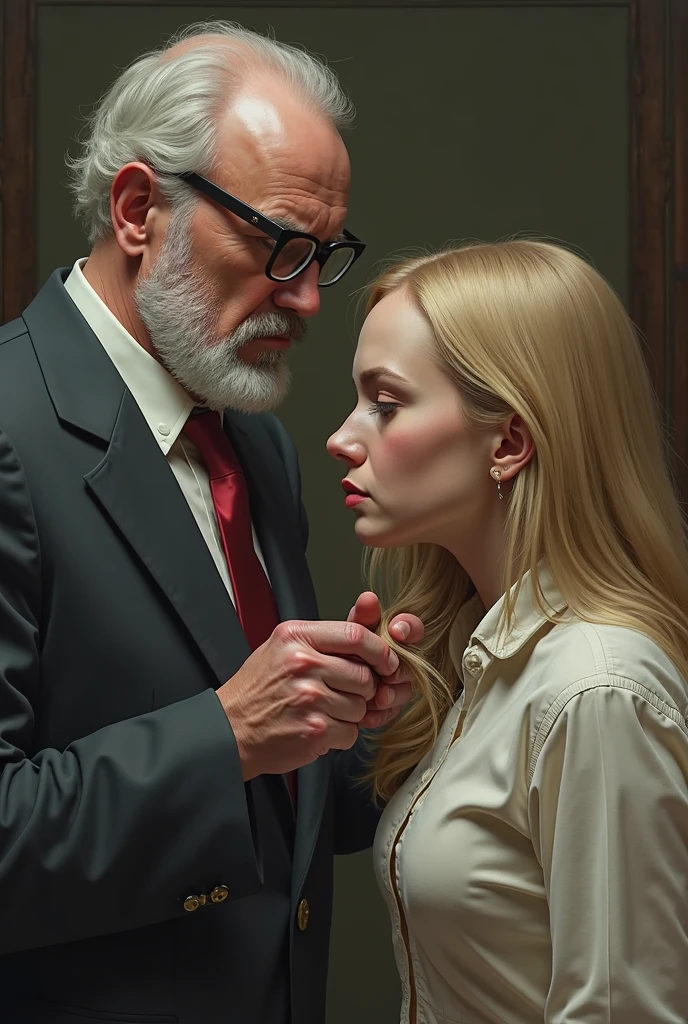 (1 European young girl)、(((1 korean old man:1.4)))、(Super beautiful)、(beautiful face:1.5)、(blonde:1.2)、(detailed face:1.4)、(The bridegroom spreads the bride's legs:1.4)、((A 17-year-old European , in high school on a winter day, lustful and perverted, masturbating, carving her vagina over the corner of a table, screaming, looking up at the ceiling, her face flushed, ((blonde hair, perfectly ultra-detailed almond-shaped blue eyes, white skin, thin lips, thin nose, tapered hands, highly detailed perfect fingers, hourglass body, red hips, small waist, shapely legs, Big chest, sexi)), ((Schoolgirl uniform: gray mini-skirt with pleats, white short-sleeve blouse, gray sweater, dark blue jacket)), hyper detailed painting, luminism, Bar lighting, complex, smooth, ultra high definition))、((((korean old man hugging European young girl))))、(European young girl hugging old korean man), ((((korean old man in a business suit:1.1)))), focus on korean old man,
