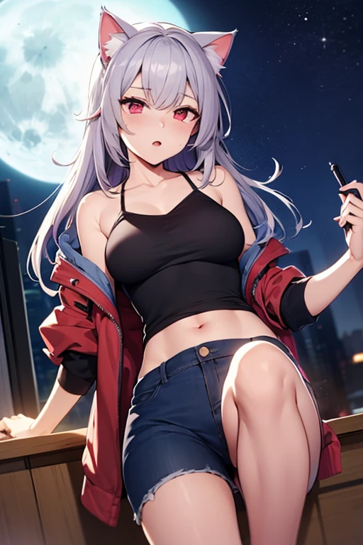 This is the rooftop of a skyscraper in Tokyo.、It&#39;s late at night now.、You can see the night view of many low buildings in the background.、Small moon and starry sky、You can see the beautiful sea with the moonlight reflecting in the distance.、Photograph her from an angle of 45 degrees above、One 27-year-old woman with small breasts、adult lady、Older sister、She wears a large black witch hat with sapphire accessories、Medium short silver hair with a purple mesh and a loose lob.、He is looking at me with a cool face and confused eyes.、Blue eyes with highlights、She is wearing a long black coat over a white t-shirt、White camisole、White bra、White bath towel、Black pleated skirt、Black sneakers with white shoelaces、she is a sniper、she carries a sniper rifle on her back、small tits、discreet breasts、full-shot、hiquality、High Details、high-level image quality、4K picture quality、beatiful backgrounds