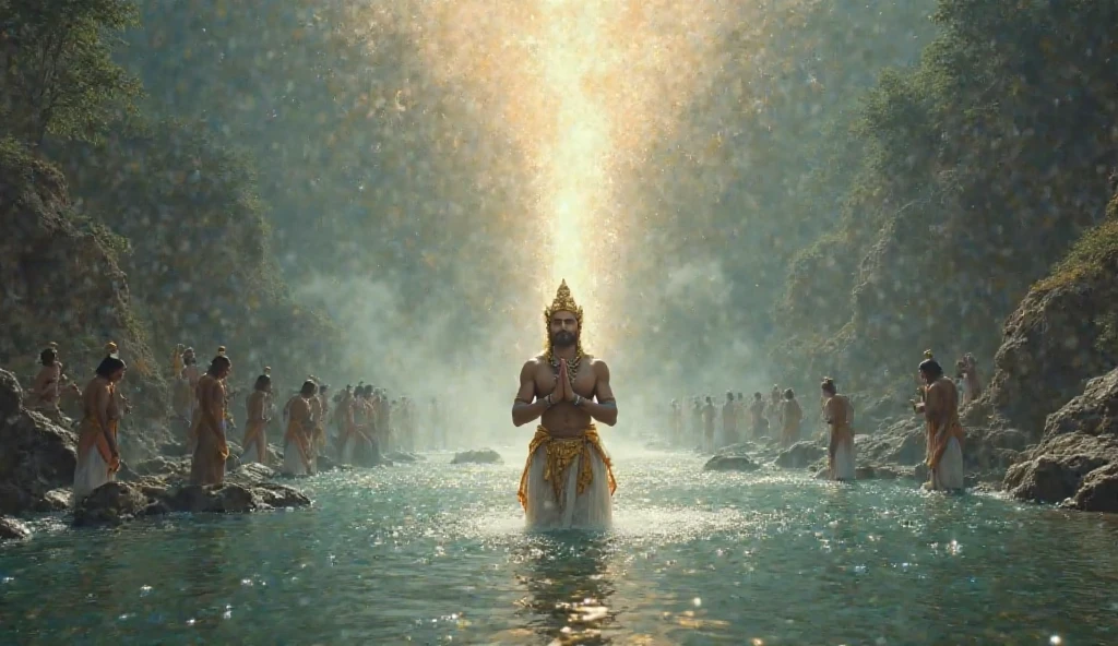 Masterpiece, best quality, (very detailed CG unified 8k wallpaper), (best quality), (best illustration), (best shadow), Oil painting, (masterpiece:1.1), dream like art, Photorealistic, inspired by Raja Ravi Varma, Indian mythology, a God with his arms outstretched, sitting on the ocean of water, vishnu, a man with dark body with bright radiance, with four arms,  His face is adorned with soft eyes like asparagus lotuses, yellow clothes (dhoti), The beauty of the zodiac is scattered from limb to limb, They are the idol of tenderness, His image is coral, emerald and extremely brilliant, the radiant ornament of gem-encrusted gold is like the bright fiber of a lotus, They have earrings in their ears, a crown on their heads and garlands around their necks, background scenery, vanishing point, from below, masterpiece, best quality, 8k, absurdres, water surface, summer, noon, sunlight, blue sky, perspective, depth of field, highres, finely detail, ultra-detailed, sharp focus