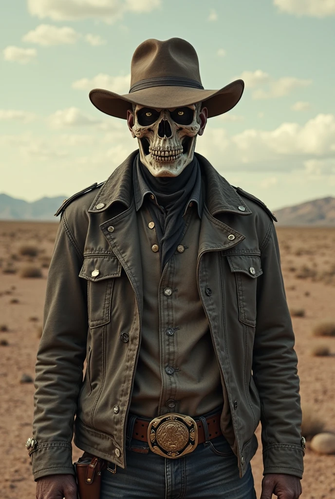 A bald albino Wild West cowboy with a sombrero and black trench coat, covered in scars and religious tattoos.