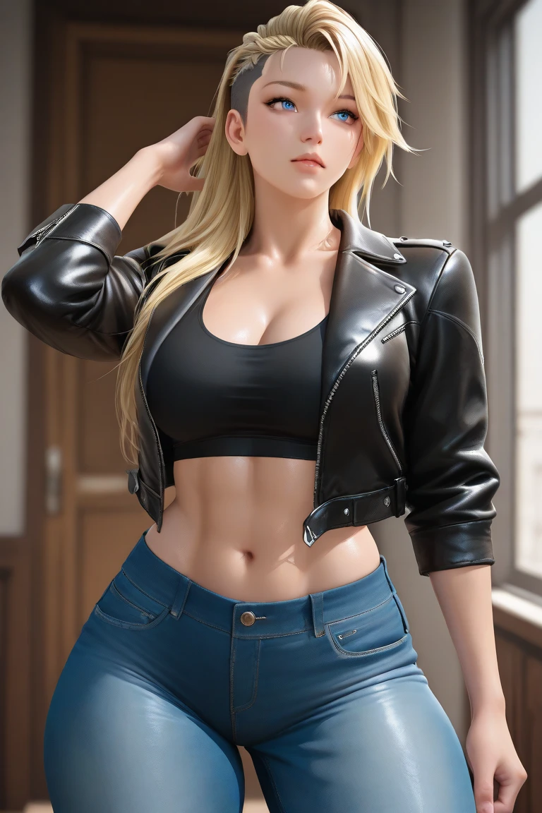 faça uma mulher loira olho azul musclegirl com casaco de pelo amarelo e blusa preta faça ela extremamente forte musclegirl e bem malhada com abs, lta, musclegirl, blonde with hair below her shoulders and blue eyes. Wears a yellow fur coat, cropped preto, black pants and black boots. She usually wears light makeup and paints her nails in neutral colors.