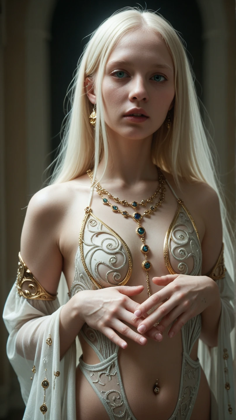 8k, maSterpiece, RAW PhotoS, HigheSt quality, RealiStic, Highly detailed CG Unity 8k wallpaper, Written boundary depth, Cinematic Light, LenS flare, Ray Tracing, (Very beautiful face, Beautiful LipS, Beautiful EyeS), ExquiSitely detailed face, ((Highly detailed Skin)) one perSon'S, In the Dark, Deep Shadow, Attractive RuSSian Model、Born in Lee, ((View your viewerS)), (Captivating Smile), (Blurred Background), (Large BreaStS:1.5), EarringS, bracelet, necklace, Clear EyeS, CaStle roomS, Holding a Sword, Front Shot, (Pale Skin), I'looking forward to it, (Big eyeS), ((Upper Body Shot)), (Camel Toe, Shape), ((Nice (Gold Metal Bikini Armor) white cape deSign:1.5)), (Umbilical cord prolapSe:1.5), Light blonde hair, (ponytail), ((Captivating Smile)), ((Camel Toe)).