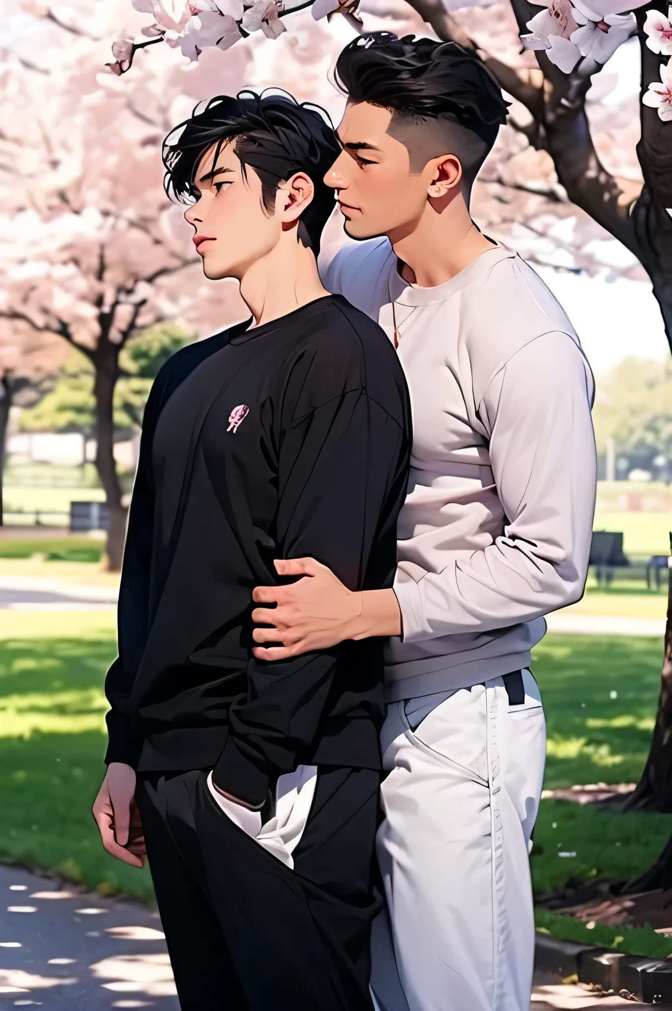 2 adults Two handsome guys very short black hair Face bigger than shoulders Face up big and above shoulders face up under the cherry tree blue sky Cherry blossom trees in the background cherry blossoms in full bloom Two men see cherry blossoms Two adult men long sleeve casual clothes Long Pants Bulge