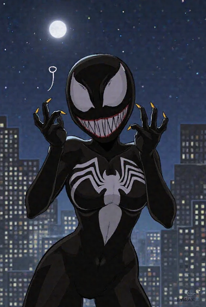 score_9, score_8_up, score_7_up, score_6_up, score_5_up, score_4_up, new york, alleyway background, night sky, moon,
BREAK
venom, marvel, black skin, white eyes, smile, happy, open mouth, monster, long tongue, saliva,
BREAK
close up portait, solo, standing, medium breasts, slender, breasts squeezed together, black skin, wide hips, venom symbol, claws, action pose,
BREAK
<lora:Lunas-Sparrow-SDXL-A1:1>