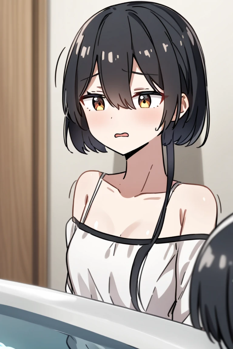 ((masterpiece, top quality, super definition, high definition)), solo, full body, (21-year-old girl in a see-through swimsuit), (clear expression of body unevenness), looking at the camera, glaring, pale white skukumizu, (sitting with her back to the wall and knees bent), feminine limbs, crotch open, eyes red, black hair bob, zoom,