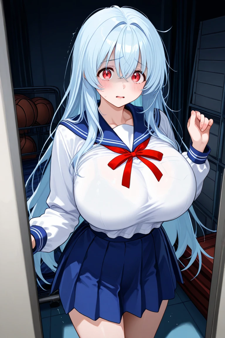 (silver hair blue eyes girl), (huge breasts:1.2), (school uniform:1.5), (smug:1.2)
