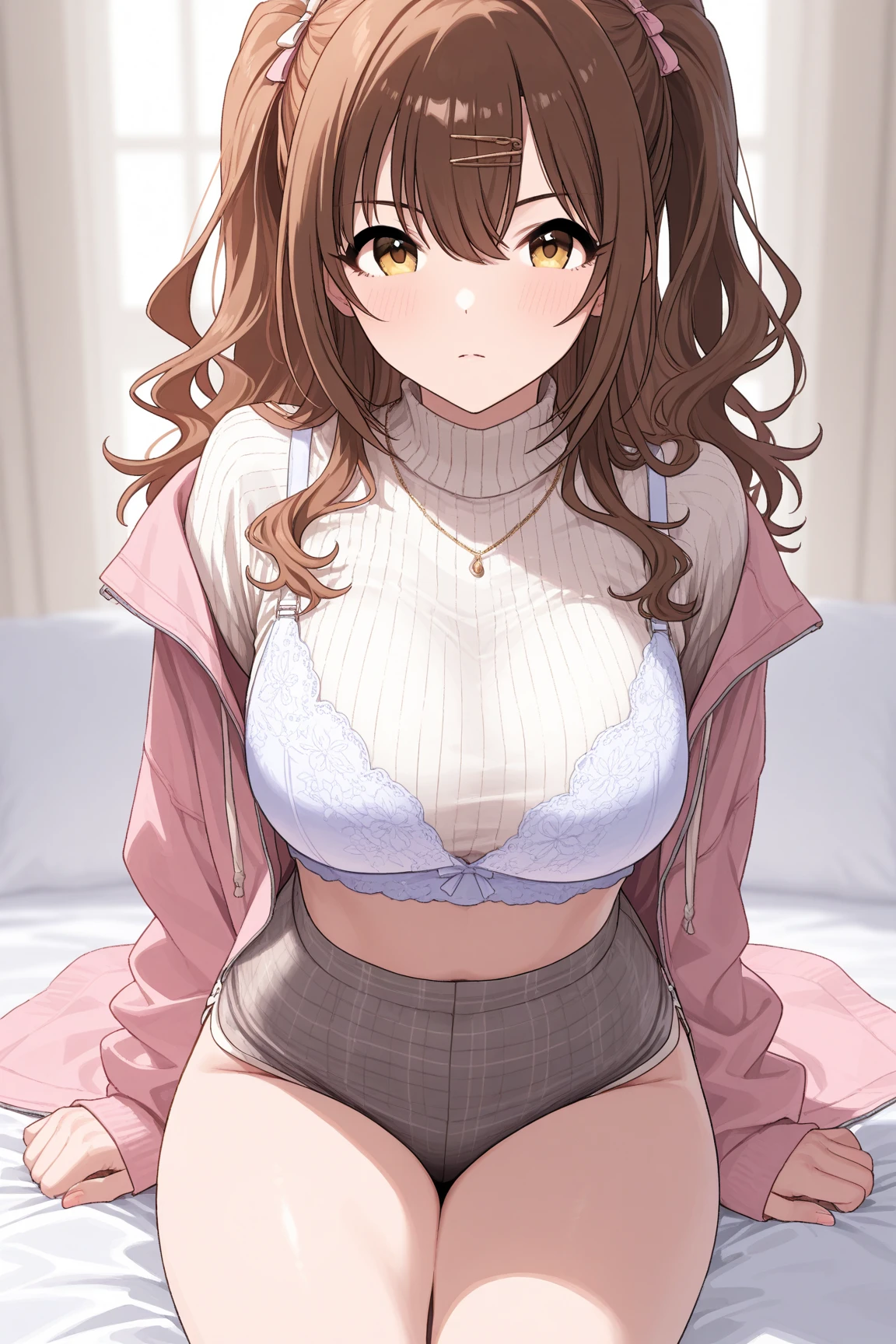 Short, curvy, brown skin, long curly brown hair with bangs, brown eyes, coquette style with pink.