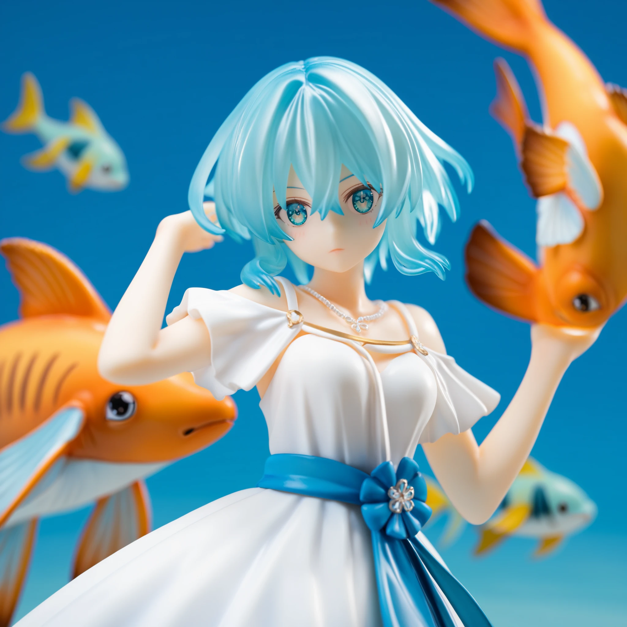 ager, age is 19,masterpiece, bang between eyes,amazing quality, Cyan hair, Short hair,1girl, cyan hair, Short hair, Cyan eyes, shiny eyes, medium breasts, white dress, Deep sea, fishes, blue sea, looking at viewer,arms, Deep blue sea,Anime girl, Beautiful girl