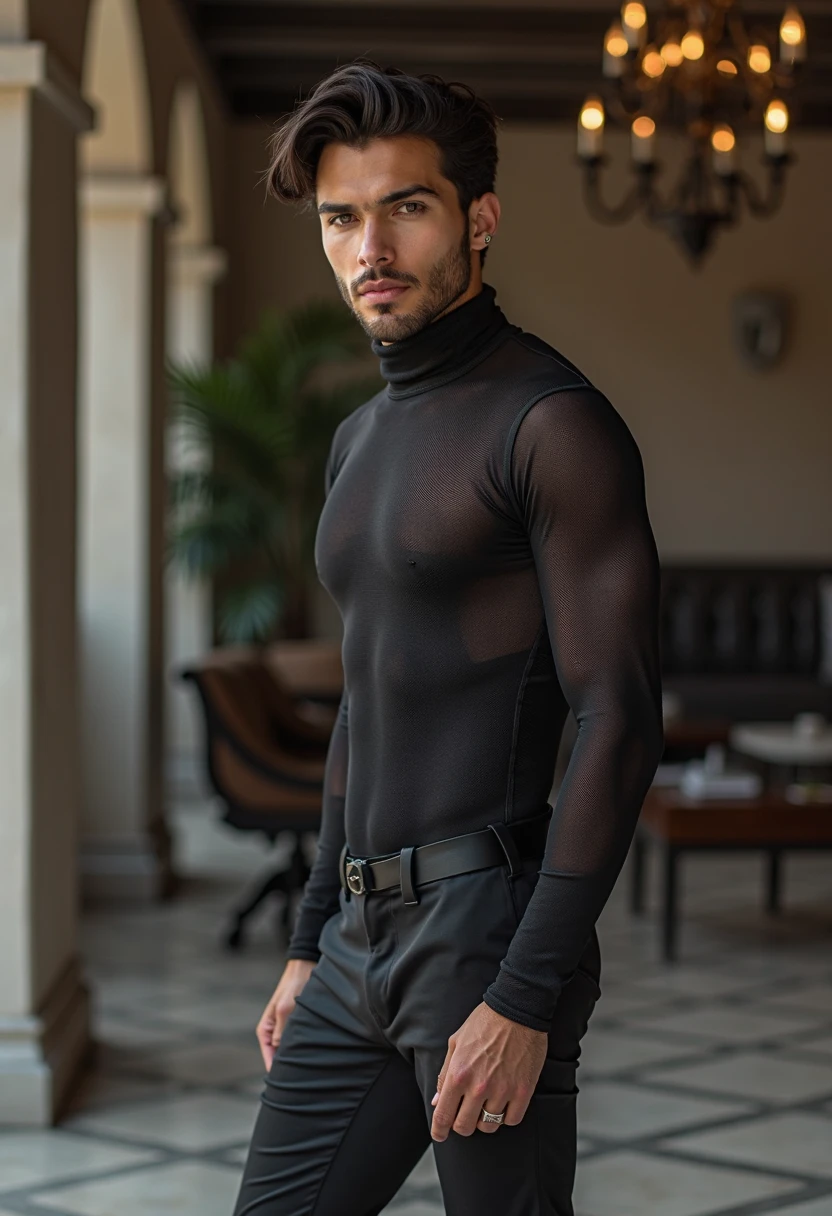 A young man having long legs, thick thighs, large wide hips, thin and narrow weist, big large feminine breasts, , leggings and formal shirt ,on beach , very small spikey boyish haircut, man man , penis bulge , man, penis enlargement