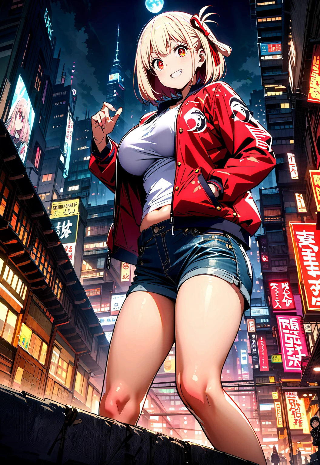 a girl，on the street，cute，live streaming，大 Breasts，Pokémon world，