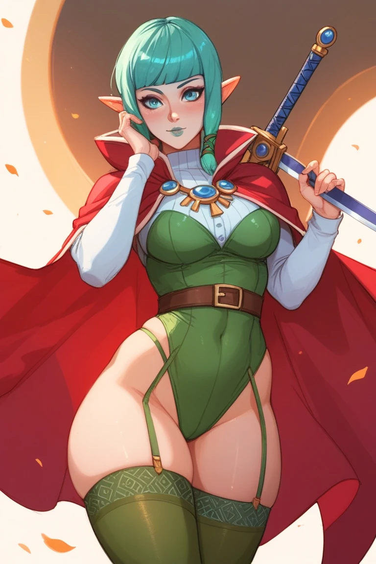 (masterpiece, best quality:1.3), 1girl, solo, looking at viewer, blushing, wide hips, cowboy shot, mature female, closed mouth, seductive smile, large breasts, full body, thick thighs,  <lora:Wellington Phelippe Style Lora:.8>, alleyne, elf, side braid, beret, cape, skirt, thighhighs, green footwear, thigh boots, midriff, cleavage   <lora:queensblade_alleyne:.8>