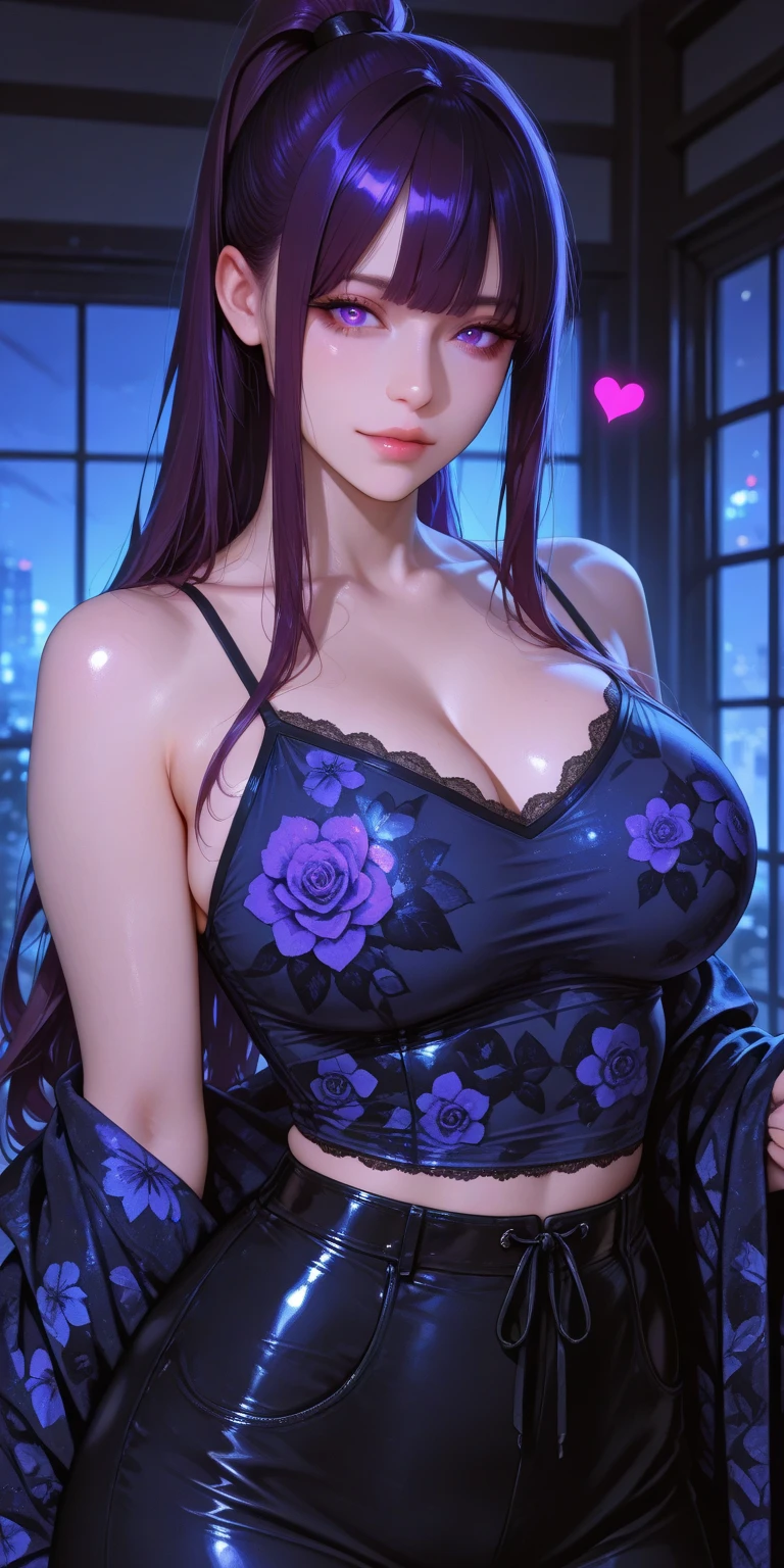 best quality,masterpiece, an extremely delicate and beautiful, CG,extremely detailed ,highres, extremely detailed,depth of field, 1girl,beautiful detailed girl,(purple_hair:1.3), long_hair, beautiful detailed red eyes,(makeup:1.2),Red lips,light on face,(seductive smile:1.2),big breasts,(thigh),casual clothes,Photo Studio,(cowboy shot:1.2)