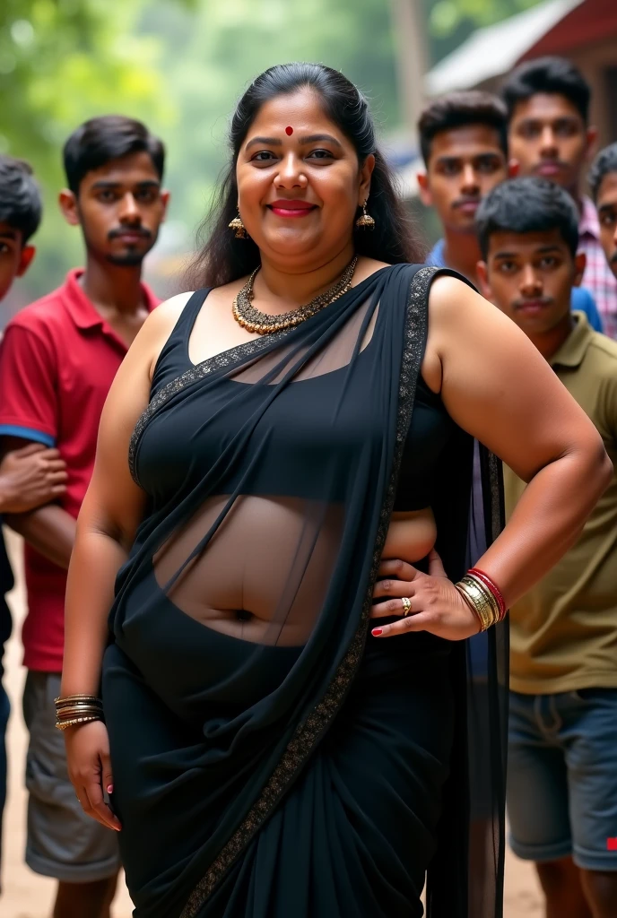 Indian woman wearing colorful saree (realistic saree), (young woman), 20 years old, (chubby cheeks:1.3), (curvy figure:1.3), (eyeglasses), (bindi), An Indian beauty, charismatic, (dark-skin:1.3), view the viewer, naughty smile, rural Indian village.