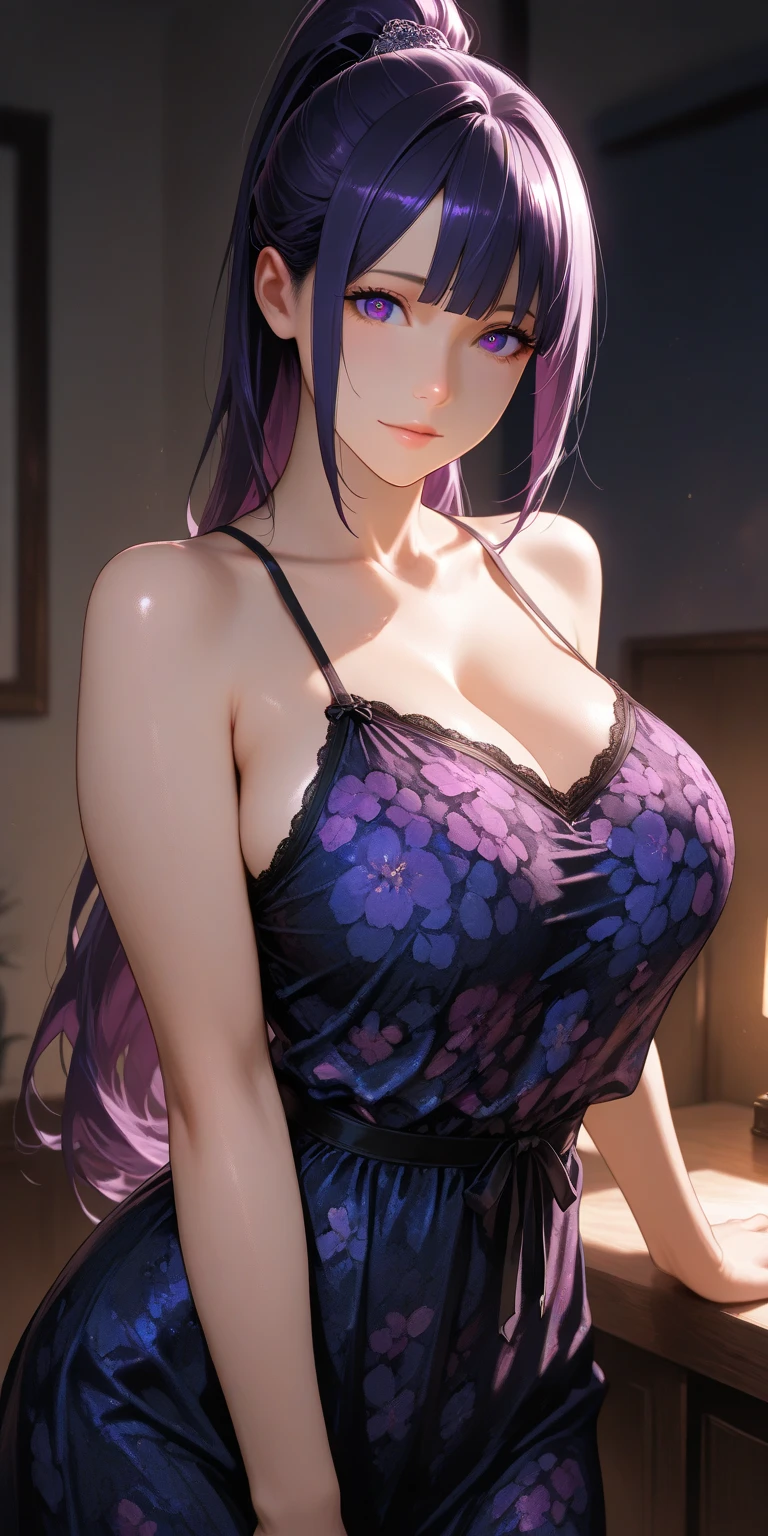 Best Quality,High Resolution,8k,finelity detailed background,Masterpiece:1.2), (2 beautiful girls:1.3). The girl on the left has purple hair, purple eyes, and wears black lingerie. Girl on right has pink hair and pink eyes, wearing gray lingerie, upper body, leaning forward, (Cleavage: 1.2), cute, looking up, sweet, blush, upper body, close-up (close-up of breasts: 1.2), late night, bedroom, on bed, two girls kissing