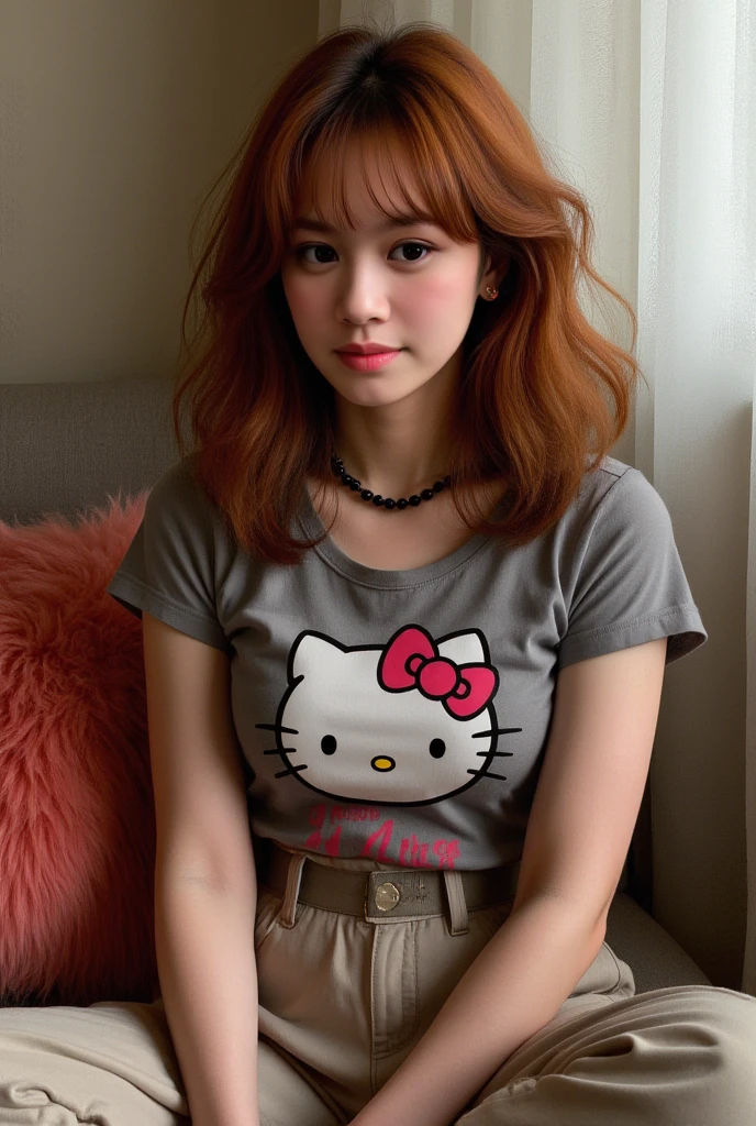 25 year old woman, mature, long face, (((red hair))), voluminous curly hair, dark black eyes, expressive eyes, pink lips, she is wearing a grey t-shirt with hello kitty print, beige cargo pants, black belt, black beaded necklace, hugging a furry red pillow, naturally radiant skin, gel nails, thin, curved eyelashes, thin pink lips, light smile,silly expression, she is sitting on a sofa with her legs crossed, head tilted to the side, full body (masterpiece, best quality, absurdres, highres), amazing quality, very aesthetic, dark tones, dramatic lighting, volumetric lighting, digital art style, drawn aesthetic, concept painting, ultrahigh definition, detailed, intricate details, newest, dynamic angle, image depth, dynamic, looking at viewer, 4k, perfect illustration, detailed art style, extremely detailed CG unity, 8k resolution, detailed hair, detailed eyes, long eyelashes, detailed clothing, immersive,ct-styleq725,Pixomeda style,1girl,Explosion,Beautiful Eyes,maxim,phwamen