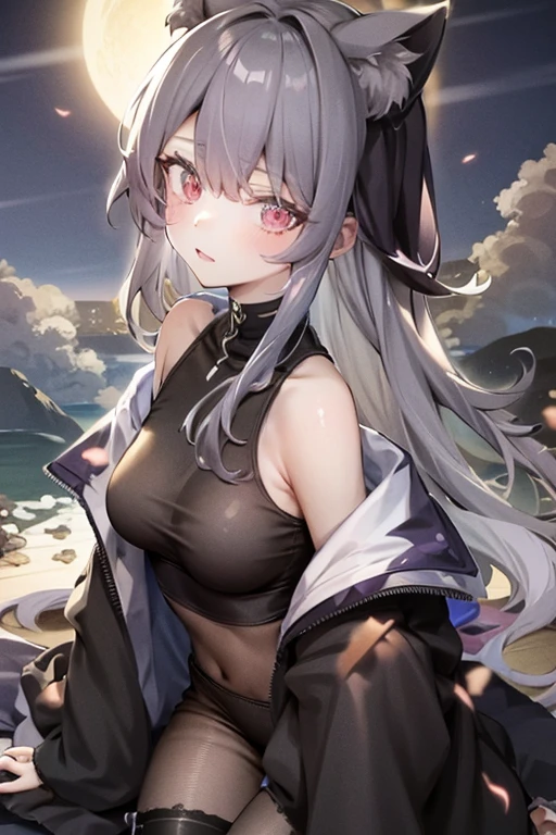 best quality, masterpiece, highres, solo, {schwarz_arknights:1.15}, animal_ears, grey_hair, long_hair, cat_ears, bangs, yellow_eyes, ponytail, breasts, hair_between_eyes, upper_body, cleavage, large_breasts, 1girl, black_headwear, black_jacket, ears_through_headwear, hat, headset, jacket, long_sleeves, looking_at_viewer, official_alternate_costume, pants, sitting, white_pants, closed_mouth, thigh_strap, outdoors, tight_pants