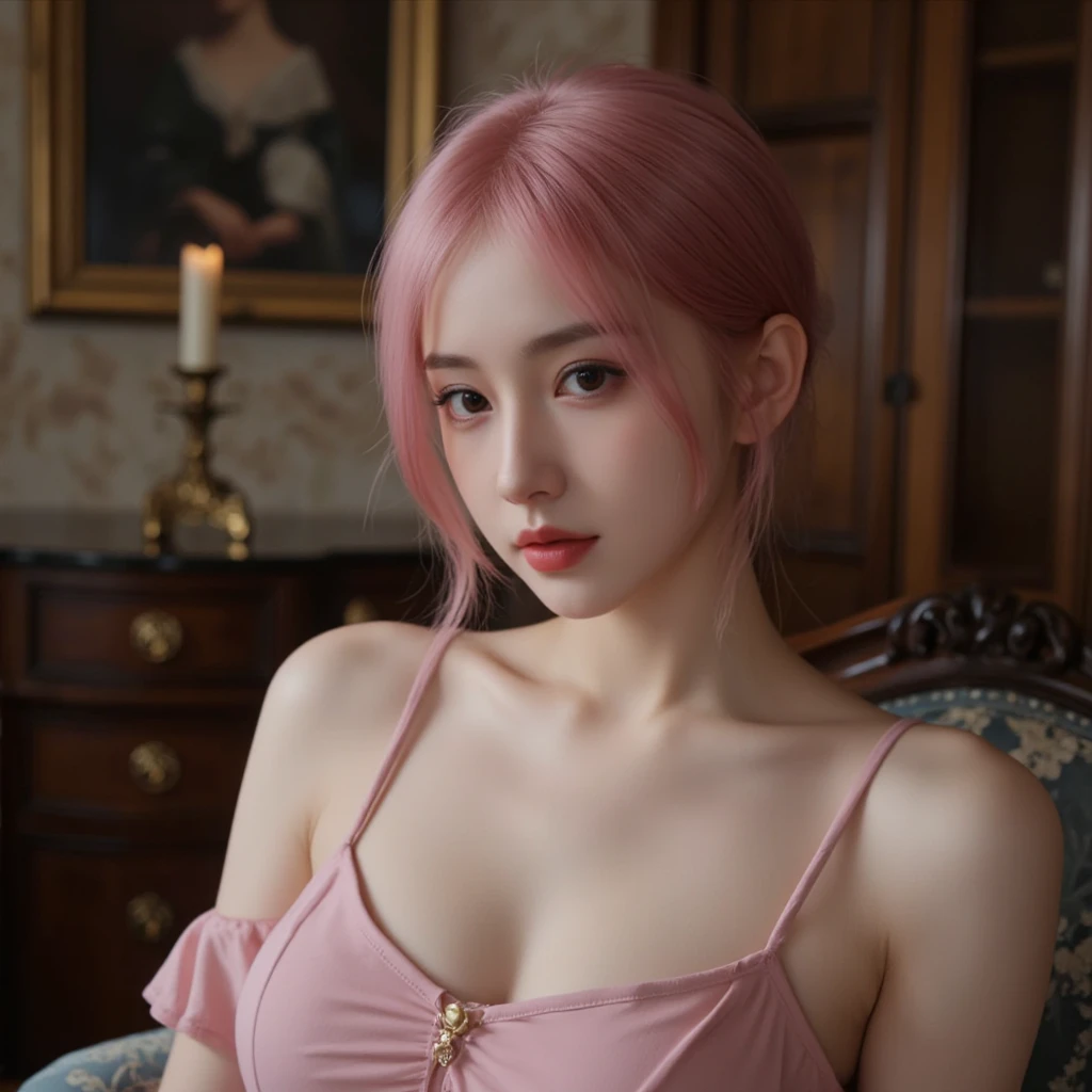 Background ( Red wall witha Huge poster of Japanese Samurai is visible) , standing in front of the poster , perfect body , professional modeling, full body , front view , distance view,wearing ( Red dress), looking innocent, smiling, cute girl short pink hair,all her hair short pink , with a star clip in her pink hair, light colored eyes, pretty eyes, happy eyes, pretty, upturned nose, watery nose, Pretty lips, pink lips, heart and cupid shaped lip, pretty skin, pale, White skin, with moles and freckles all over his face, soft pink blush on the cheeks, natural pink blush, soft pink makeup, Jennie, nice neck, frown, tender look, with a kiss necklace, while having a bare abdomen, Delgado, marked and pretty, (big breasts, soft breasts, nice breasts), photorealism, 8k , photorealistic , show clearly,