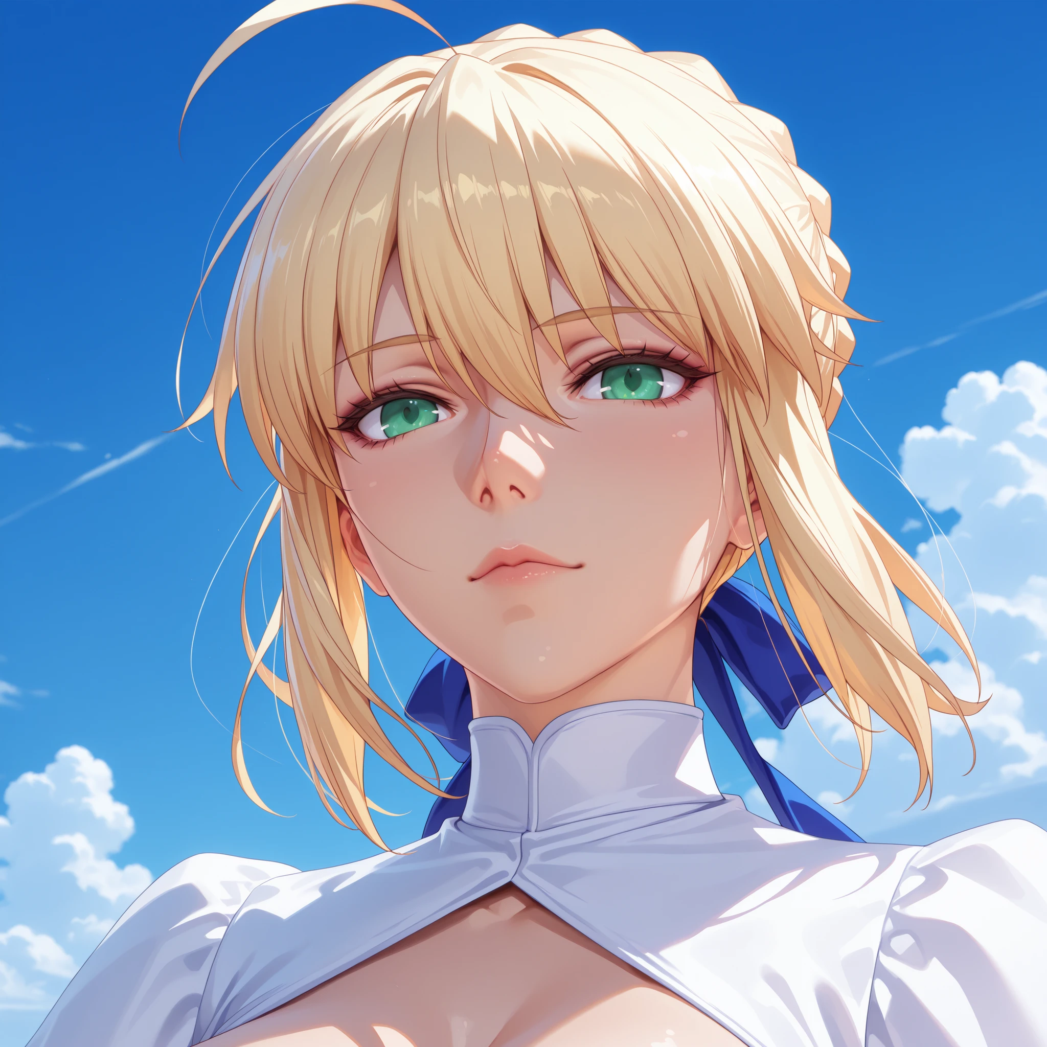 SFW, 8k, colorful, 3d , realistic, 3d render, realistic shadow, Masterpiece, very aesthetic, elegant mature woman, Artoria Pendragon (Fate), blue sky and anime clouds backgrounds,  , 