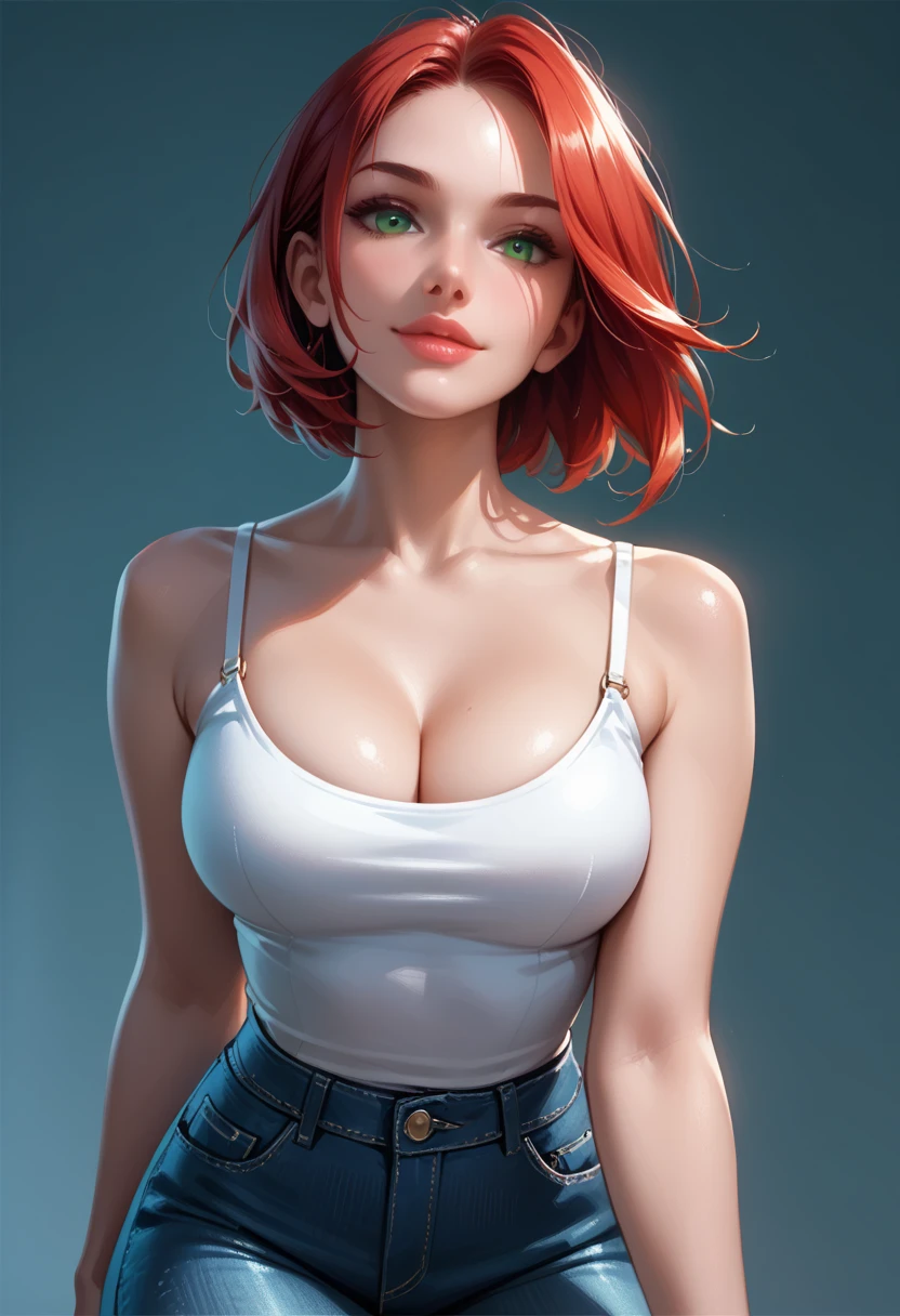 (masterpiece, best quality, hires, high resolution:1.2, 4k, 8k , high quality), extremely detailed, realistic, intricate details, highres, 1girl, solo, (large breasts, thick thighs, wide hips), arched back,(cinematic lighting, sunlight, perfect lighting, backlighting), eye-level shot, extreme, looking at viewer, red hair, blue eyes, tiny tube top, cleavage bulge, upper body turned towards viewer, wide breadts, slim curved waist, lower body turned to side, side view, curved ass cheeks, micro shorts, ass cleavage,
top, tank