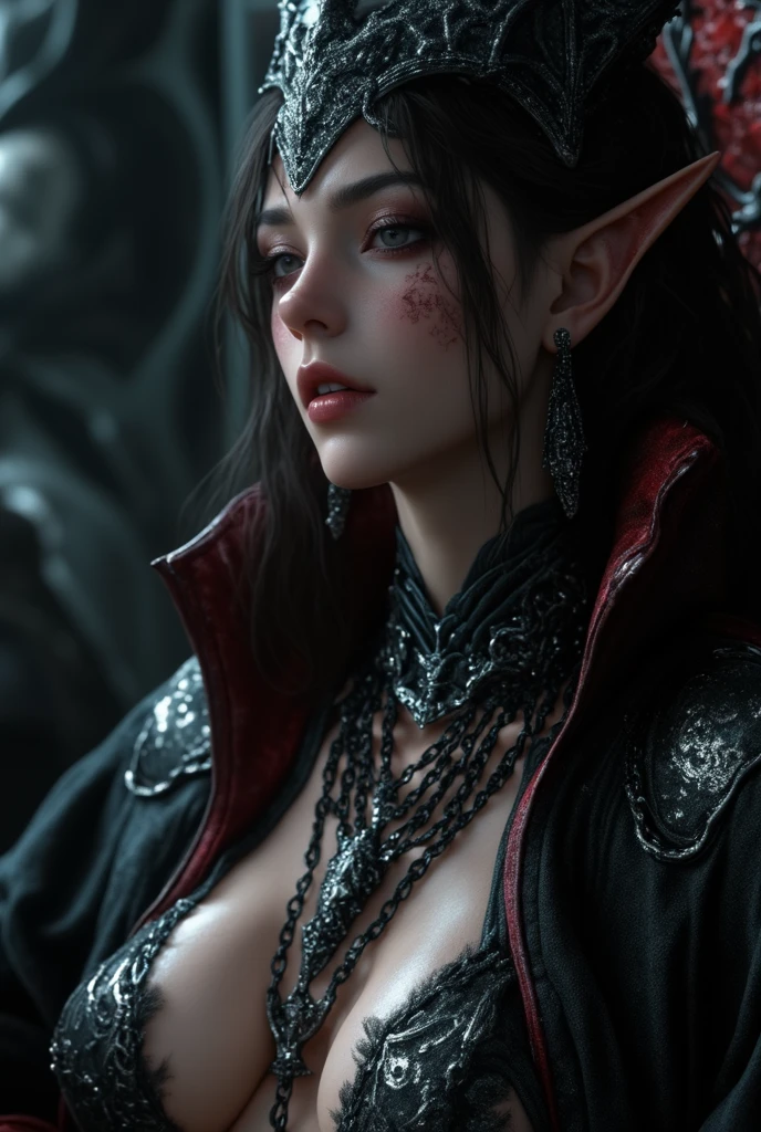 a female elf with long black hair,pointed ears,big green eyes,thin lips,round face,shackle on the neck,big breasts,wearing old clothes,on her knees,sad expression,chained in a dungeon of a tightly closed castle,dramatic scene,elf slave,dutch angle,(best quality,4k,8k,highres,masterpiece:1.2),ultra-detailed,(realistic,photorealistic,photo-realistic:1.37),portrait,fantasy,dark,moody,cinematic lighting,dramatic shadows,muted colors