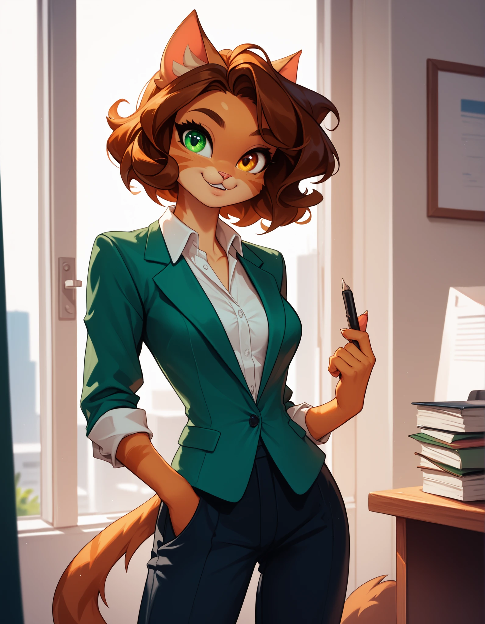 cute female anthro cat girl, skinny, short brown hair, heterochromia (copper left eye, green right eye), wearing business suit with no shirt, absolute, in the lobby of an office building, confident