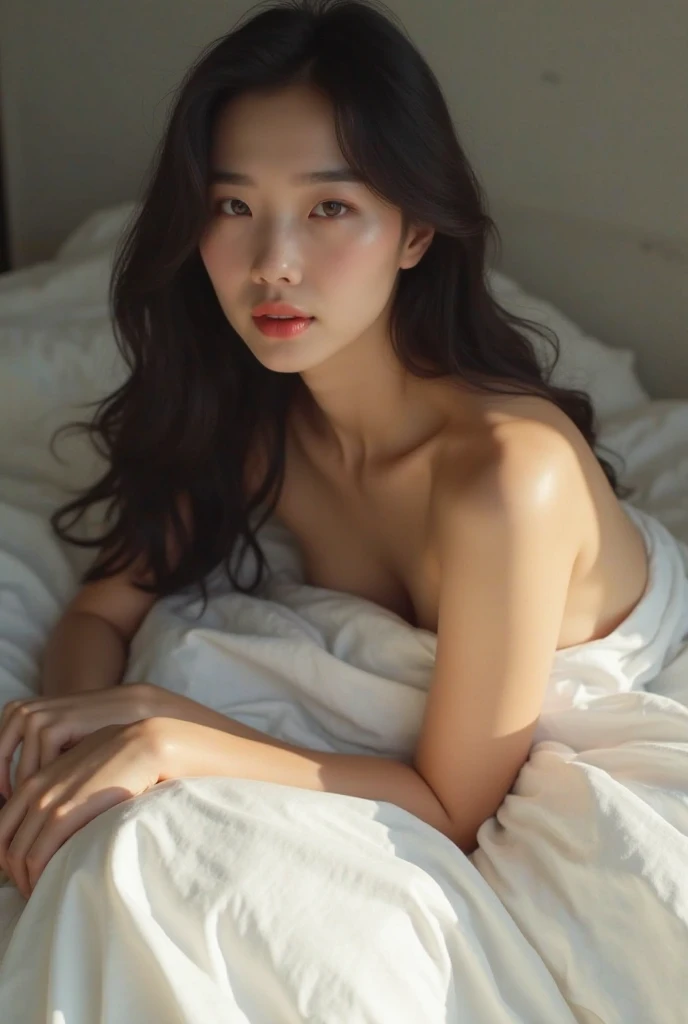 A beautiful korean girl sleeping on the bed, full body view, sexy, feet are visible
