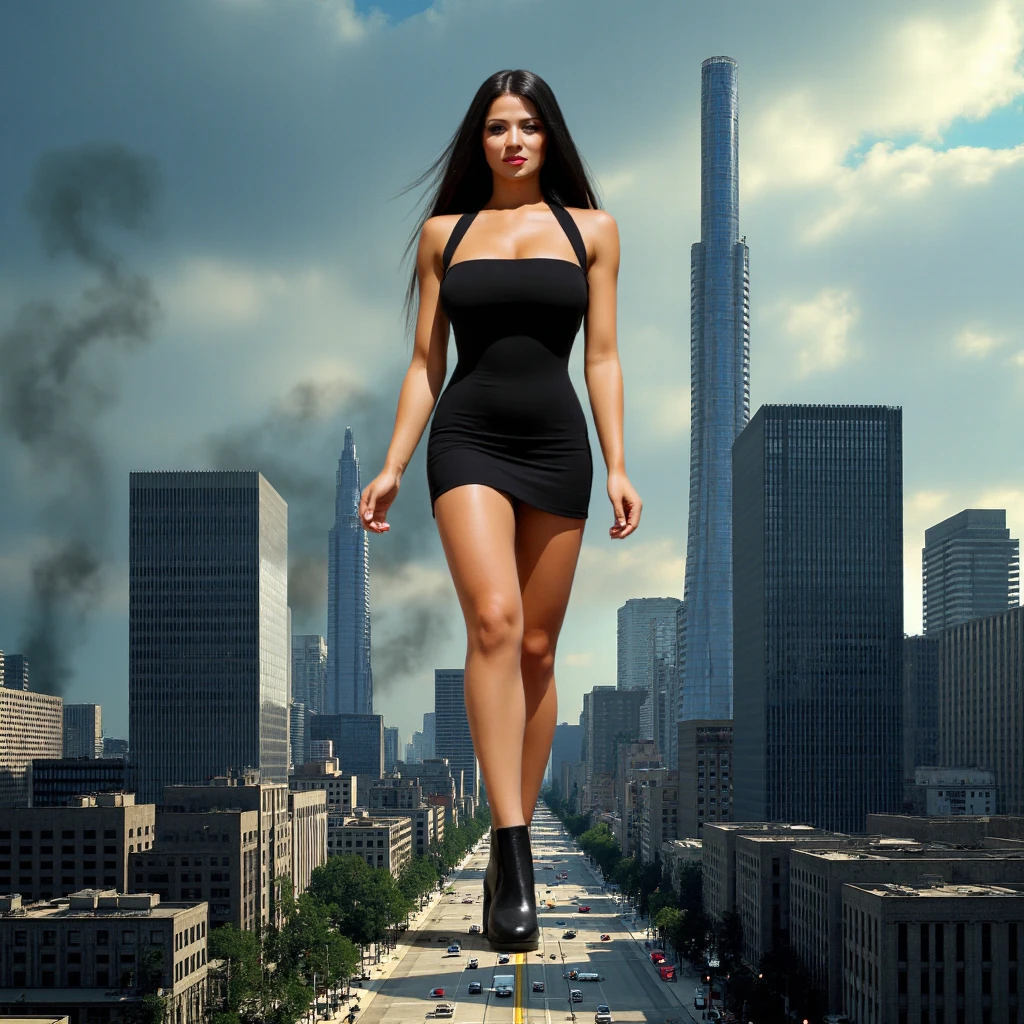 Aerial View，giantesscity,giant girl 500 feet high，skyscrapers,Have a pair of ultra long legs,stepping in the crowd，many people in street,a pair of huge breasts，Princess，mini skirt,black silk socks，Has black waist-length hair，Wearing a pair of Mary Jane heels，A look of enjoyment，standing on a ruins，Beautiful appearance，Exquisite makeup，quality，8k，高quality，Perfect proportion, Cinema lighting，film grain，Fuji colors，8k，textured skin，Super details，high detail，high quality，high resolution，explode，fake smile