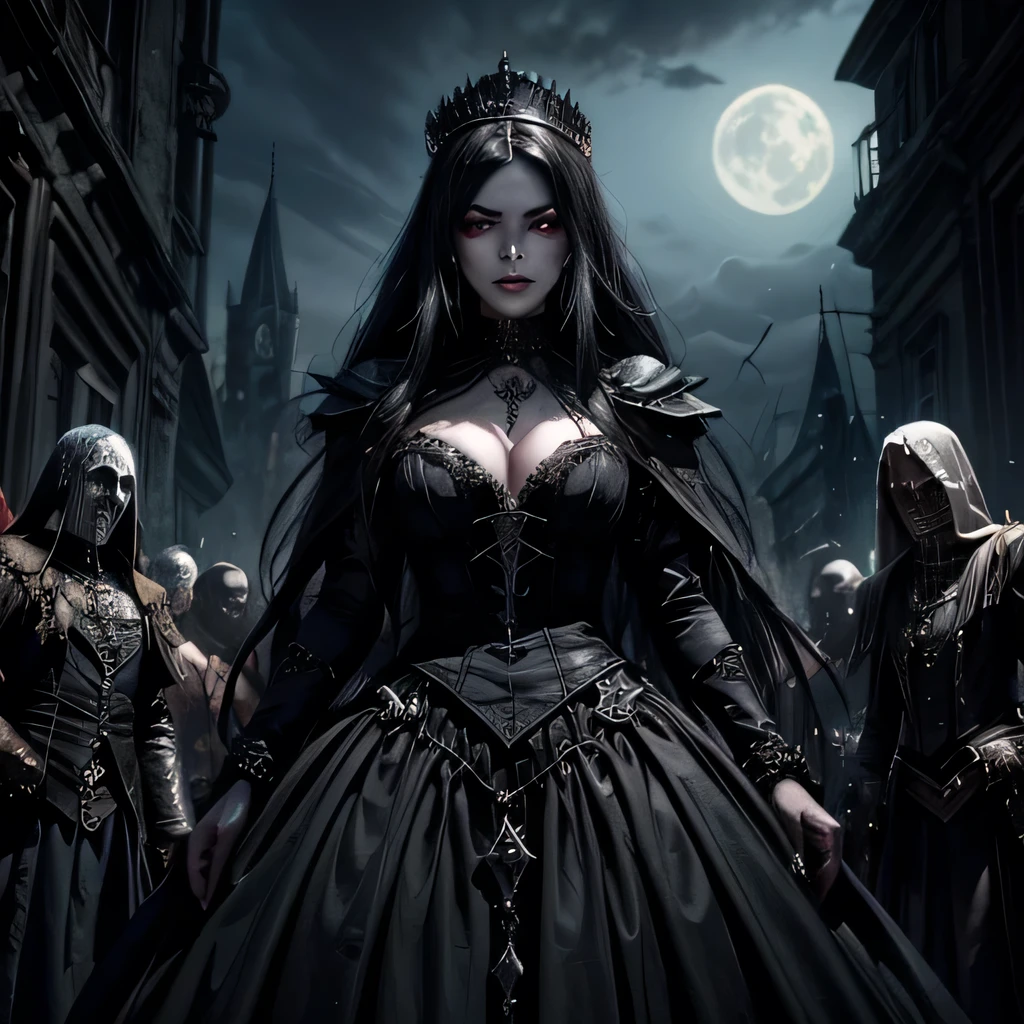 A sexy and fascinating dark lady, queen surrounded by her undead subjects, vampires and mutants in a gothic village